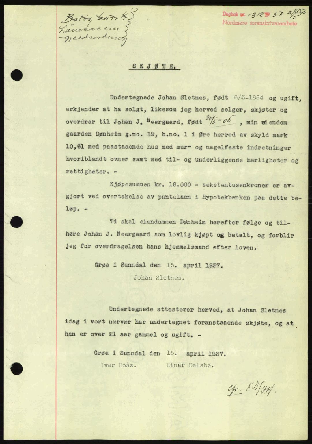 Nordmøre sorenskriveri, SAT/A-4132/1/2/2Ca: Pantebok nr. A81, 1937-1937, Dagboknr: 1312/1937