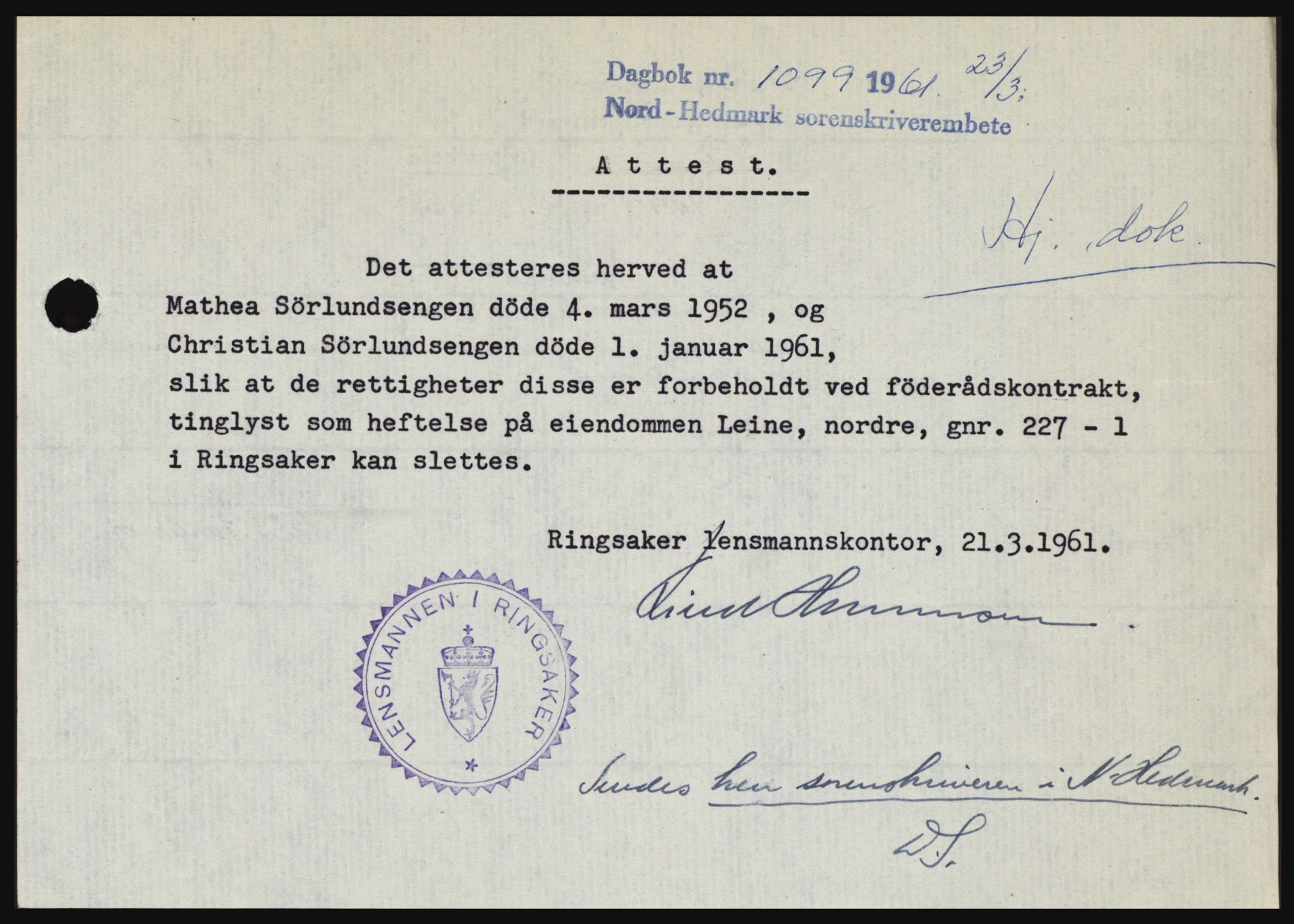 Nord-Hedmark sorenskriveri, SAH/TING-012/H/Hc/L0015: Pantebok nr. 15, 1961-1961, Dagboknr: 1099/1961