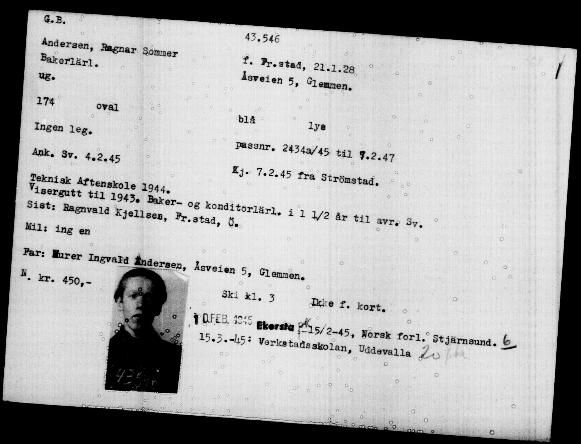 Utenriksstasjonene, Legasjonen i Stockholm, Flyktningkontoret, AV/RA-S-6753/V/Va/L0017: Kjesäterkartoteket, flyktninger med registreringsnr. 43400-46318, 1940-1945, s. 149