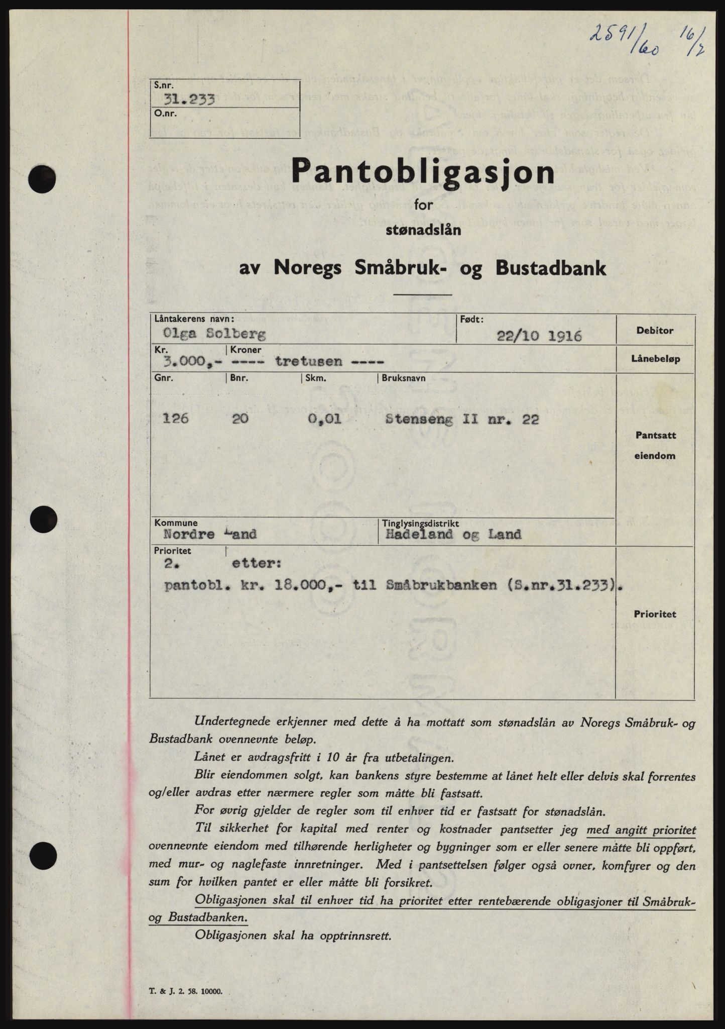 Hadeland og Land tingrett, SAH/TING-010/H/Hb/Hbc/L0043: Pantebok nr. B43, 1960-1960, Dagboknr: 2591/1960