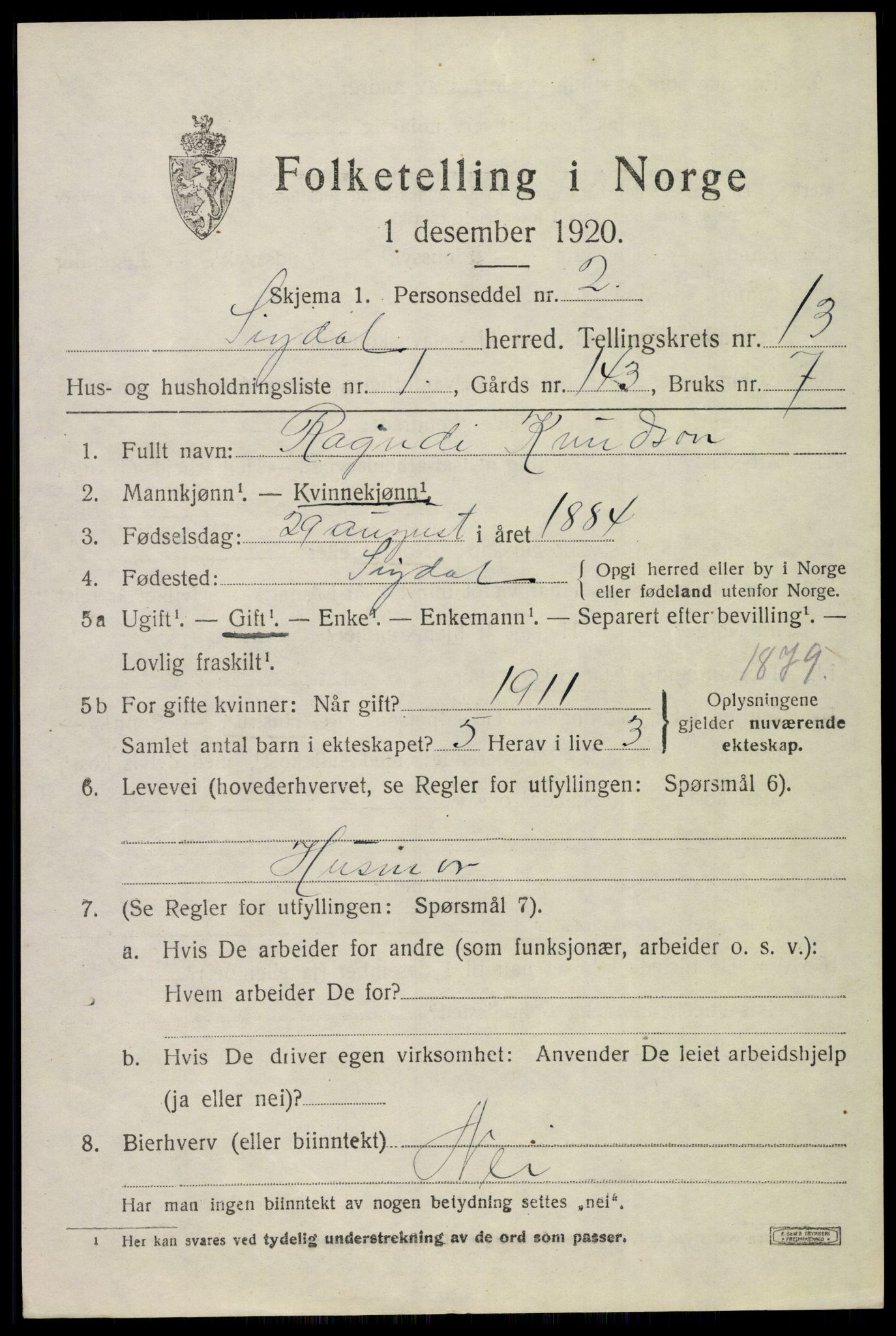 SAKO, Folketelling 1920 for 0621 Sigdal herred, 1920, s. 8066