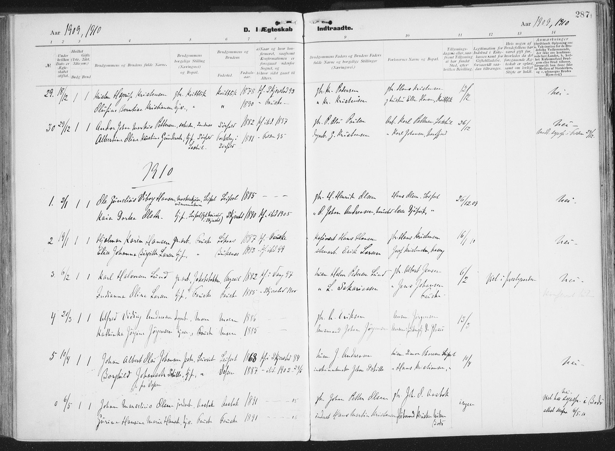 Ministerialprotokoller, klokkerbøker og fødselsregistre - Nordland, AV/SAT-A-1459/849/L0696: Ministerialbok nr. 849A08, 1898-1910, s. 287