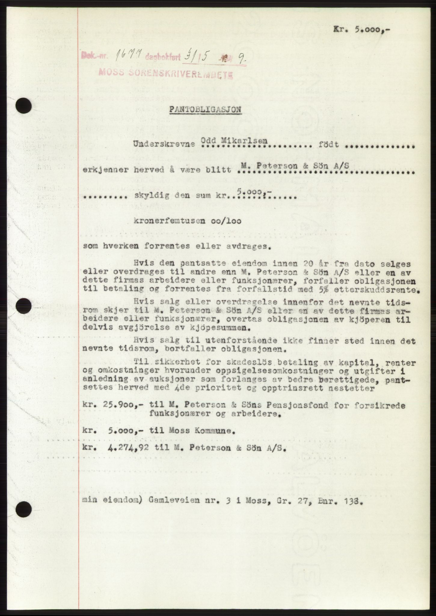 Moss sorenskriveri, SAO/A-10168: Pantebok nr. B22, 1949-1949, Dagboknr: 1677/1949