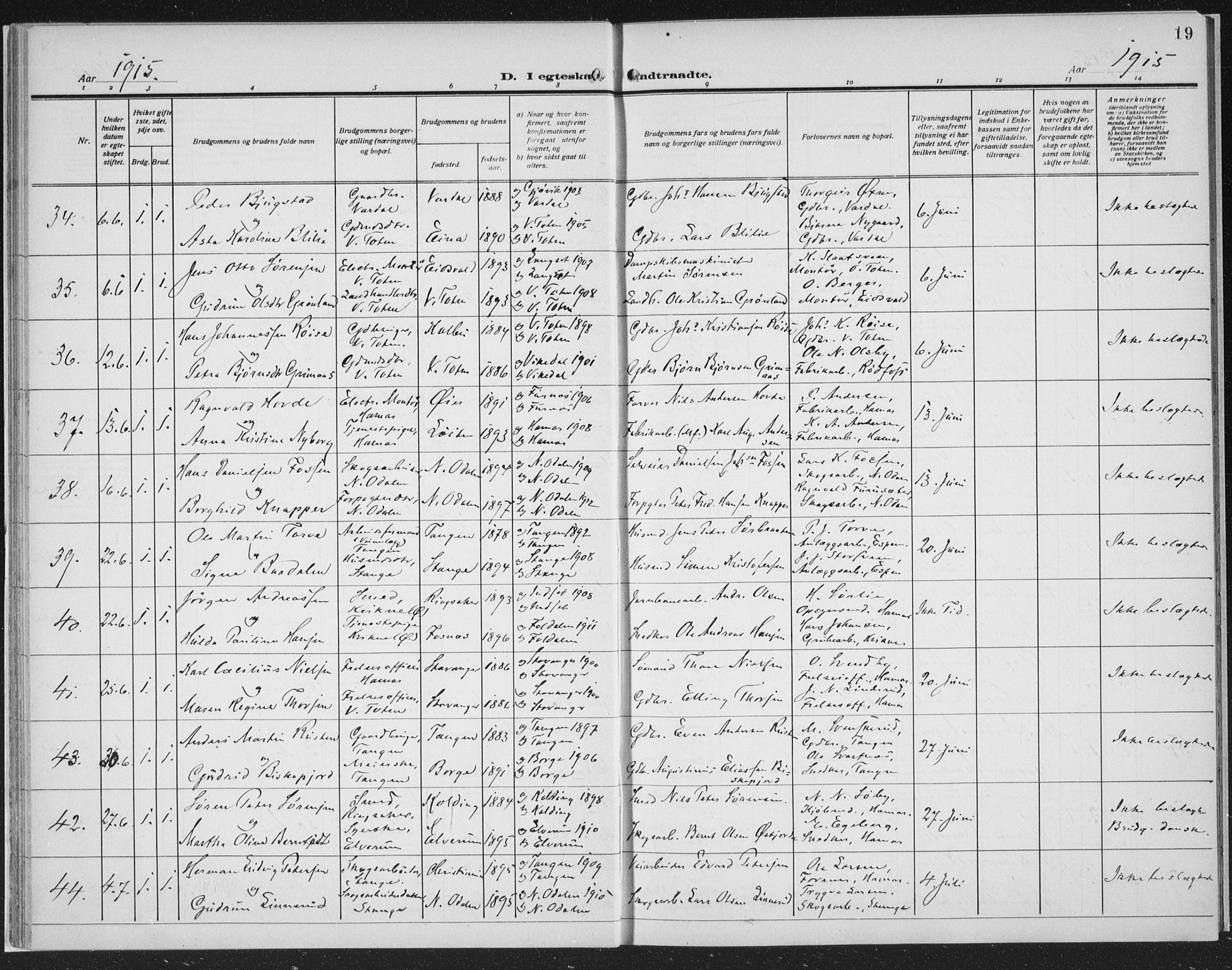 Hamar prestekontor, AV/SAH-DOMPH-002/H/Ha/Haa/L0003: Ministerialbok nr. 3, 1913-1930, s. 19