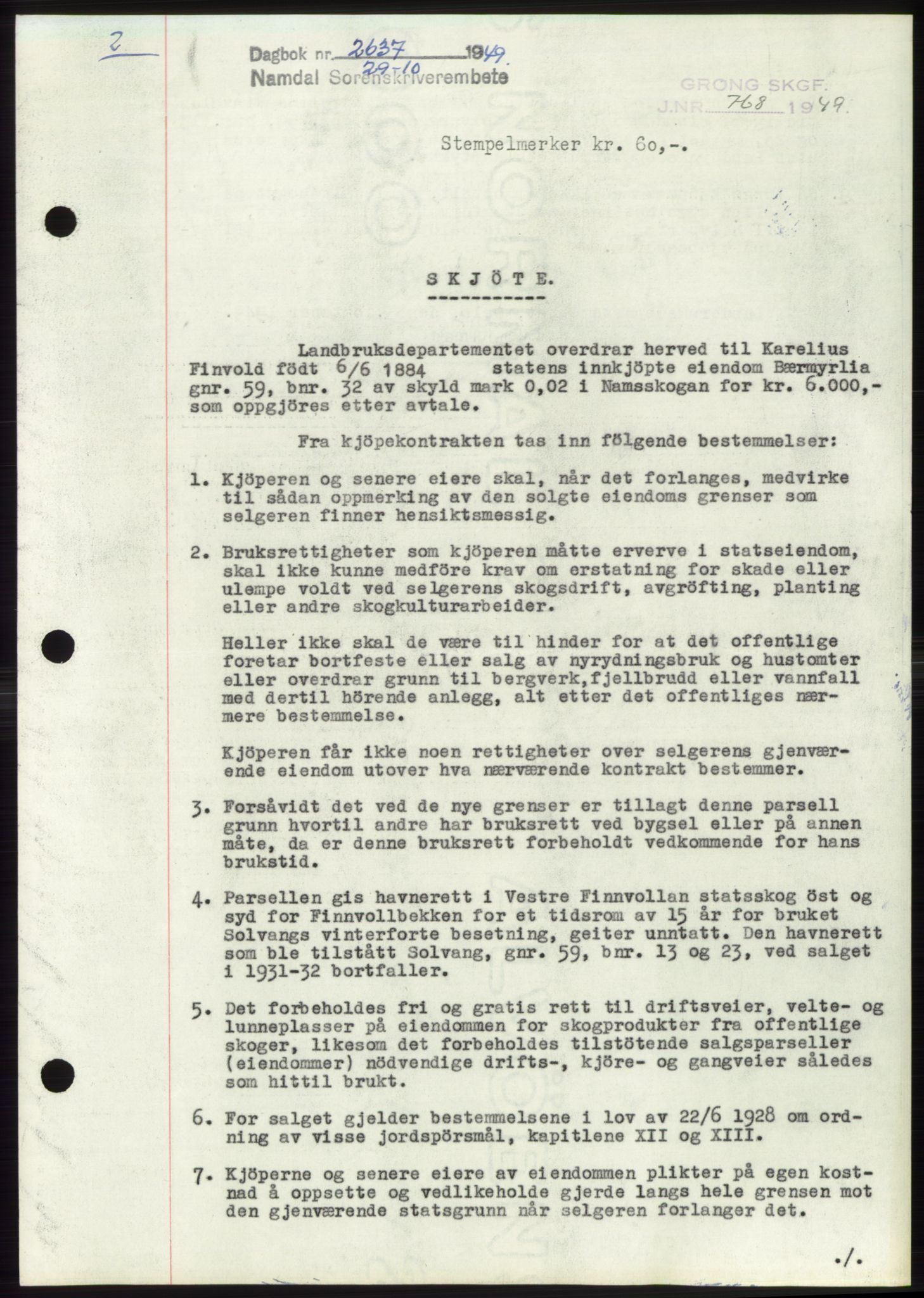 Namdal sorenskriveri, SAT/A-4133/1/2/2C: Pantebok nr. -, 1949-1949, Dagboknr: 2637/1949