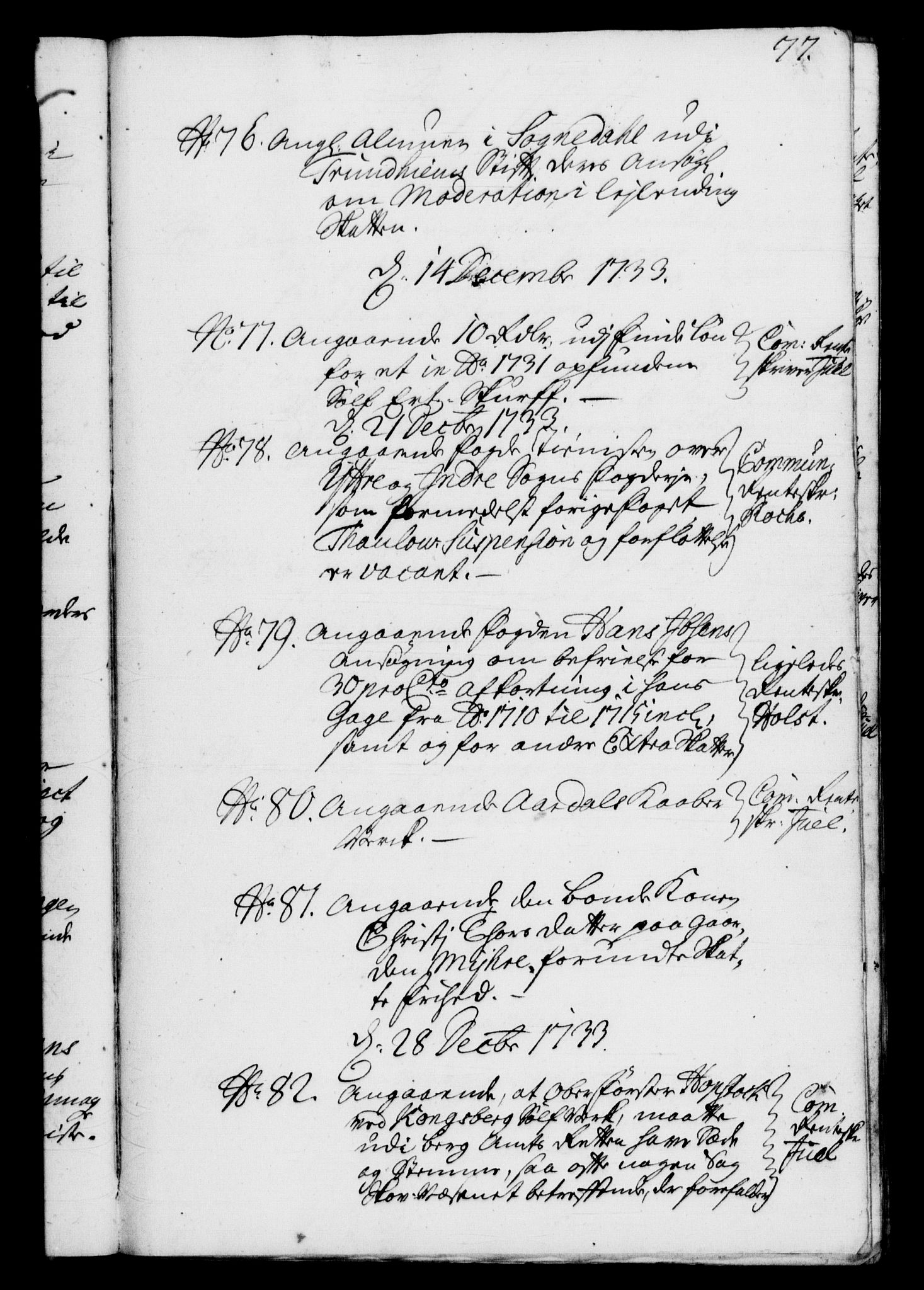 Rentekammeret, Kammerkanselliet, RA/EA-3111/G/Gf/Gfb/L0003: Register til norske relasjons- og resolusjonsprotokoller (merket RK 52.98), 1729-1736, s. 77