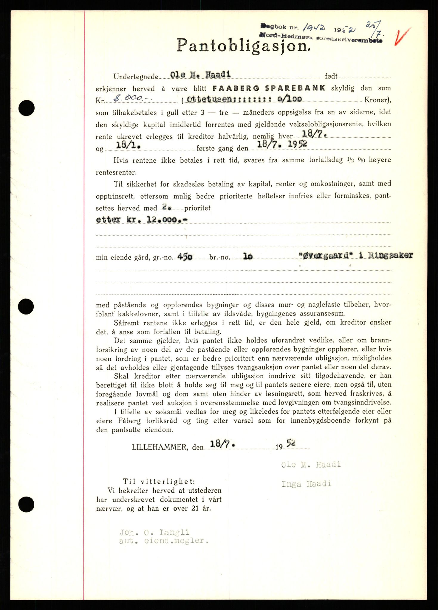 Nord-Hedmark sorenskriveri, SAH/TING-012/H/Hb/Hbf/L0025: Pantebok nr. B25, 1952-1952, Dagboknr: 1942/1952