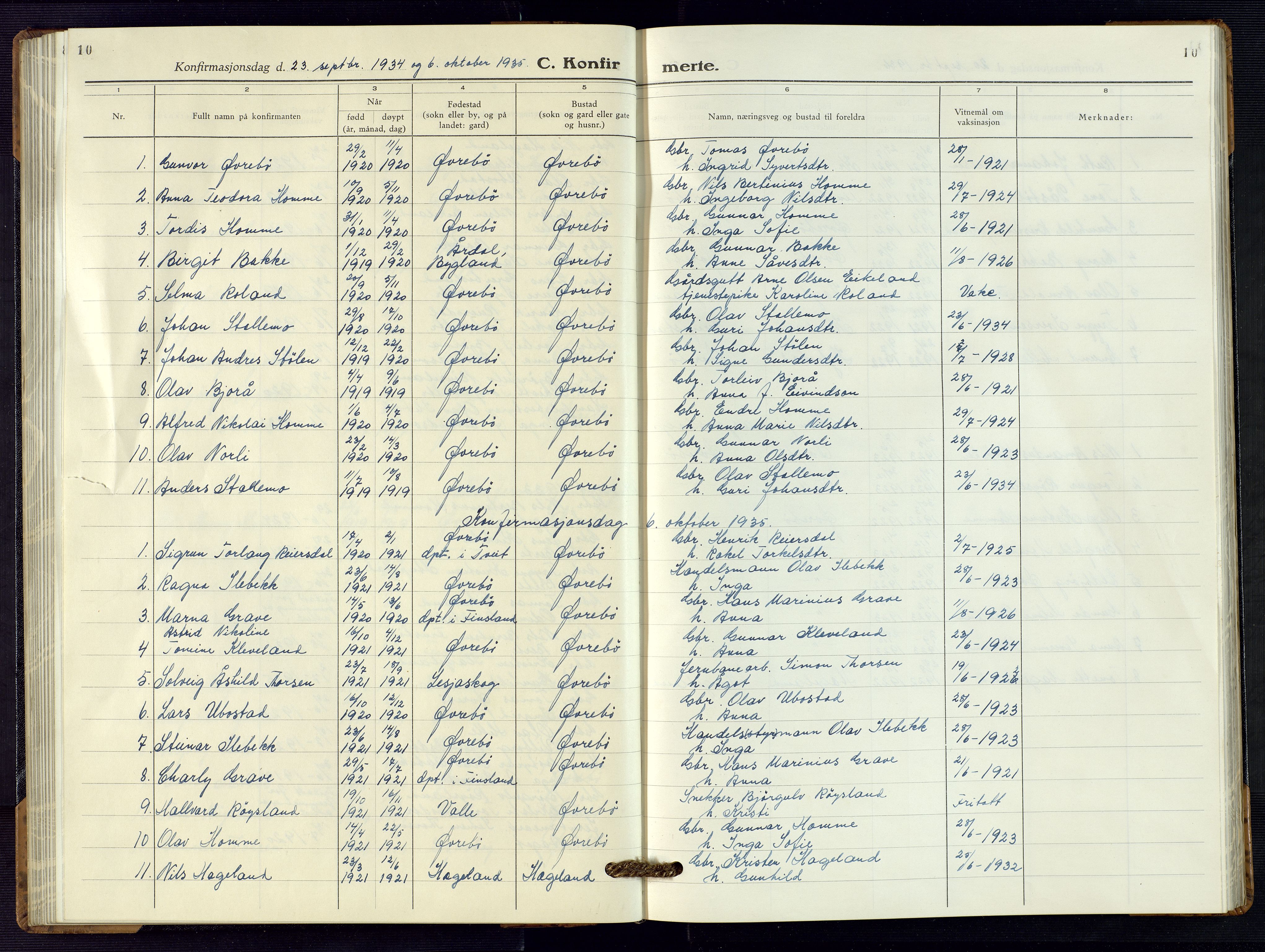Vennesla sokneprestkontor, AV/SAK-1111-0045/Fb/Fbc/L0004: Klokkerbok nr. B 4, 1921-1972, s. 10
