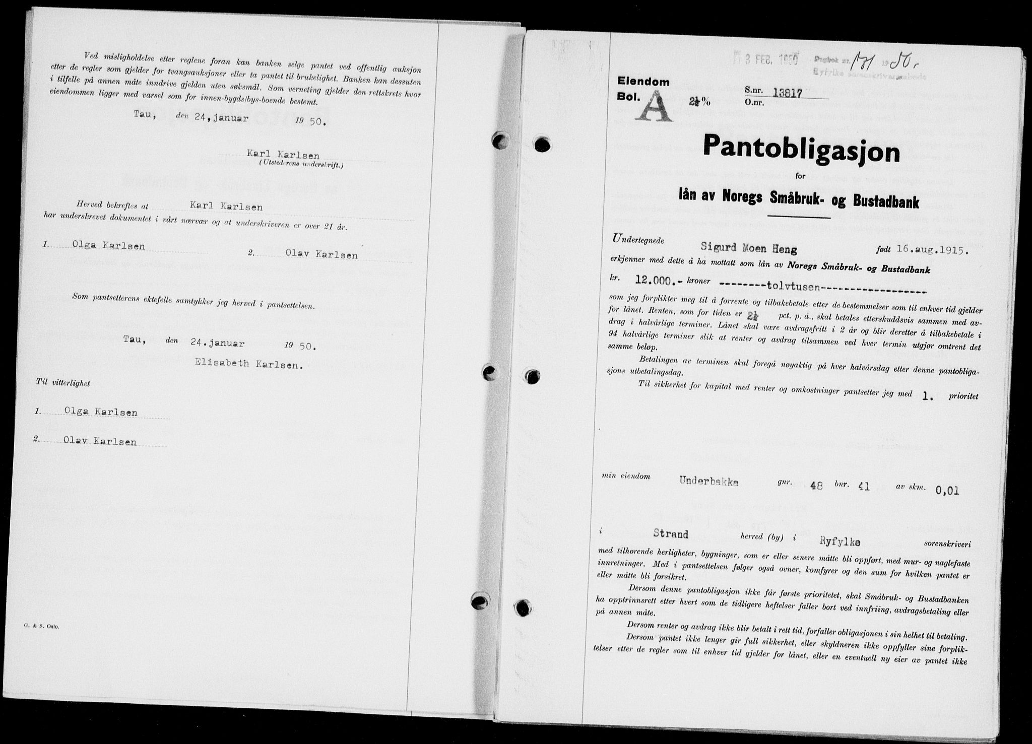 Ryfylke tingrett, SAST/A-100055/001/II/IIB/L0107: Pantebok nr. 86, 1949-1960, Dagboknr: 171/1950