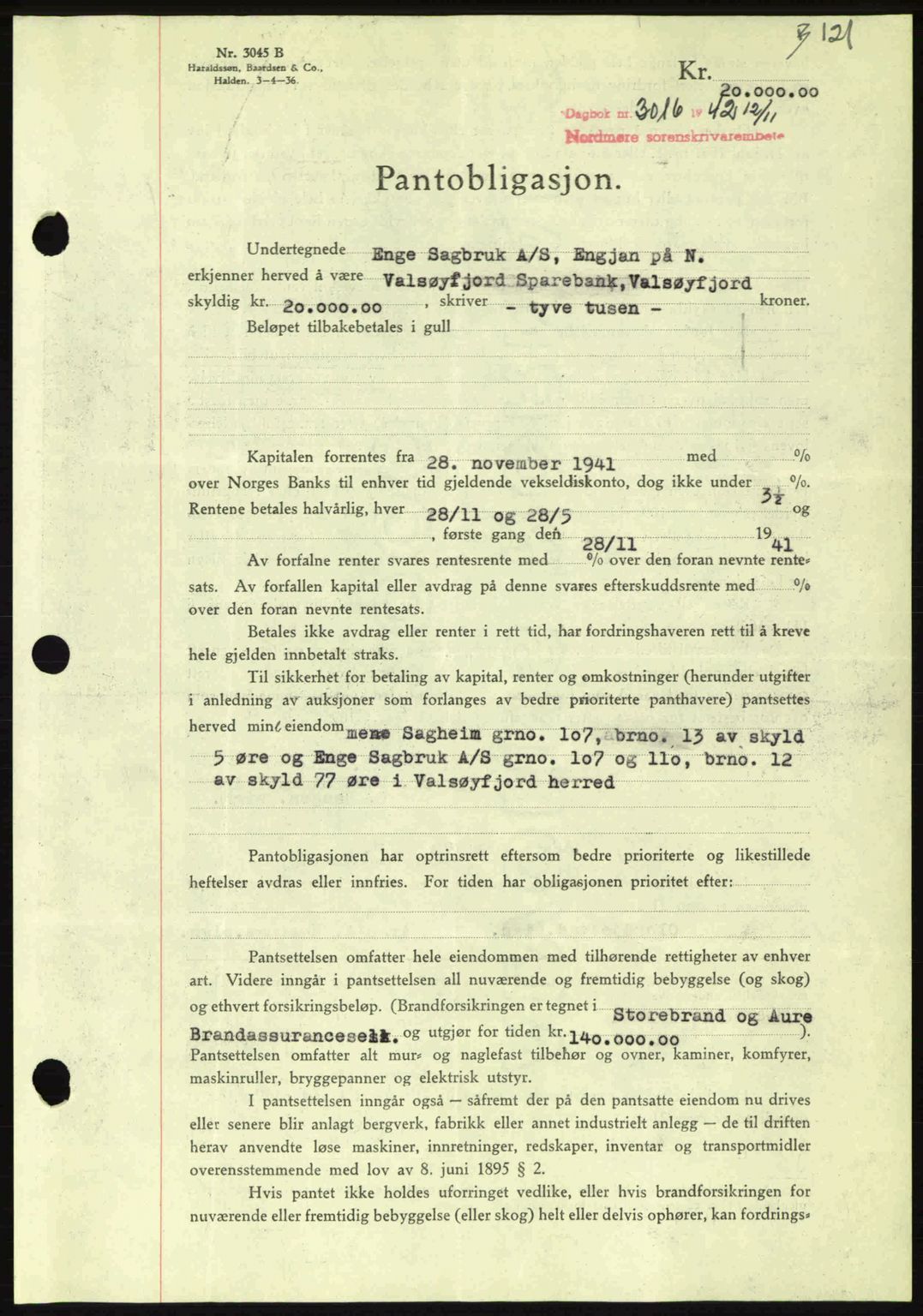 Nordmøre sorenskriveri, SAT/A-4132/1/2/2Ca: Pantebok nr. B90, 1942-1943, Dagboknr: 3016/1942