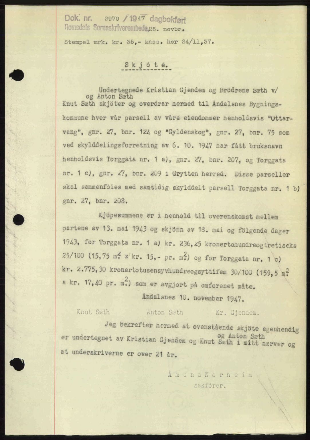 Romsdal sorenskriveri, AV/SAT-A-4149/1/2/2C: Pantebok nr. A24, 1947-1947, Dagboknr: 2970/1947