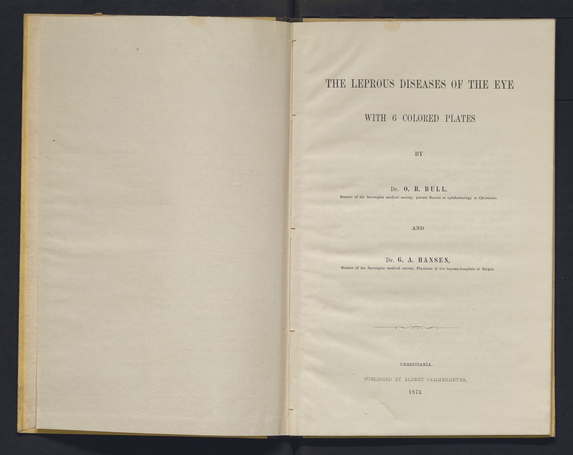 Lepraarkiver - Overlegen for den spedalske sykdom, AV/SAB-A-61001/E/L0001: The Leprous Diseases of the Eye with 6 colored plates by Dr. O.B. Bull and Dr. G.A. Hansen, 1873