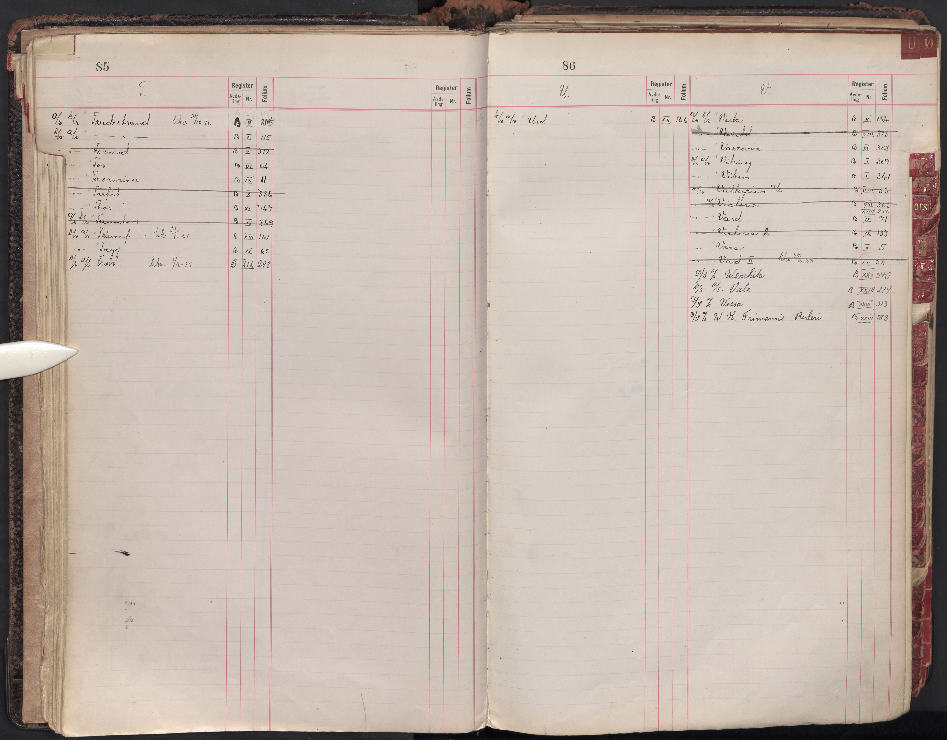 Oslo byfogd avd. II, AV/SAO-A-10942/G/Ga/Gaa/L0005: Firmaregister: B 1-25, aksjeselskaper, s. 85-86