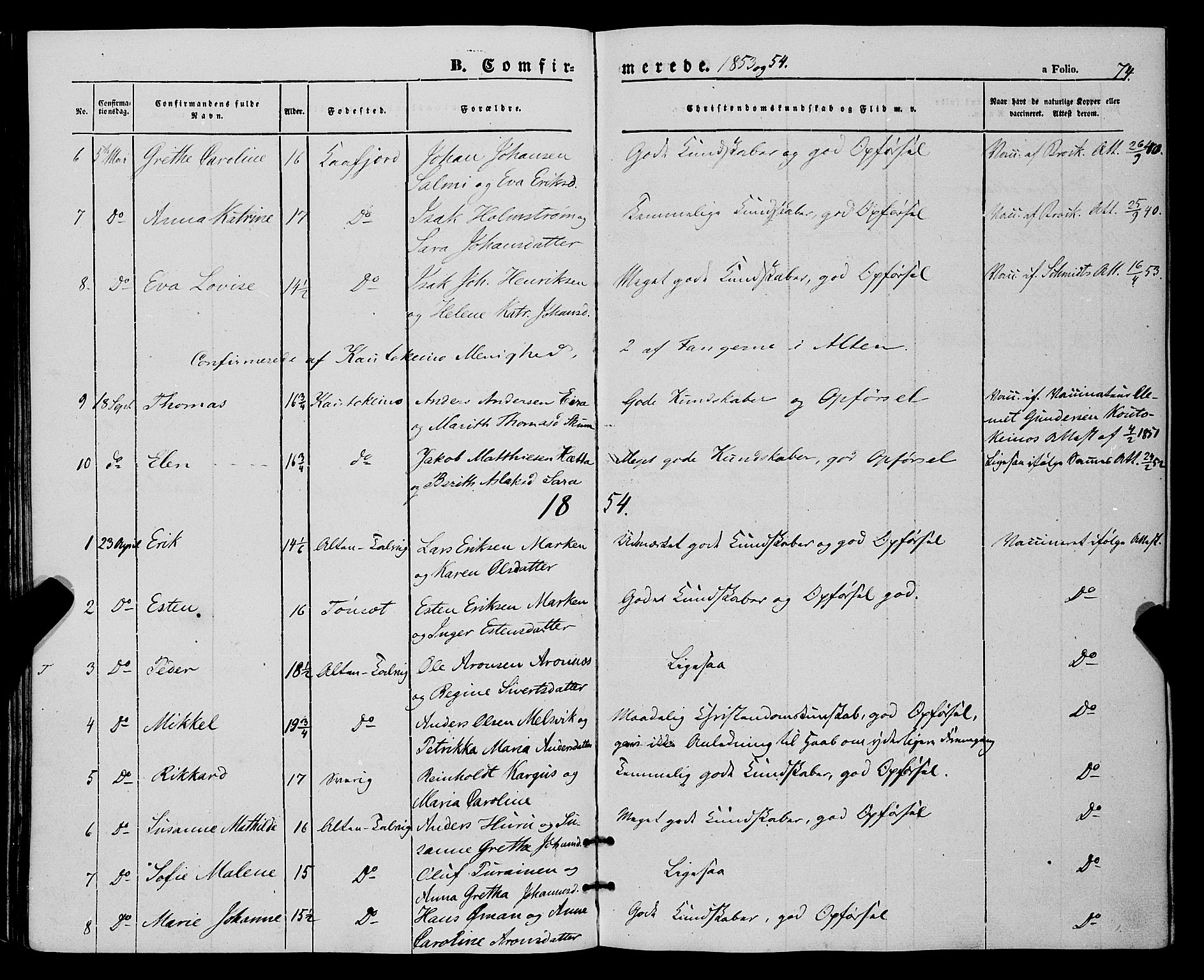 Talvik sokneprestkontor, AV/SATØ-S-1337/H/Ha/L0016kirke: Ministerialbok nr. 16, 1847-1857, s. 74