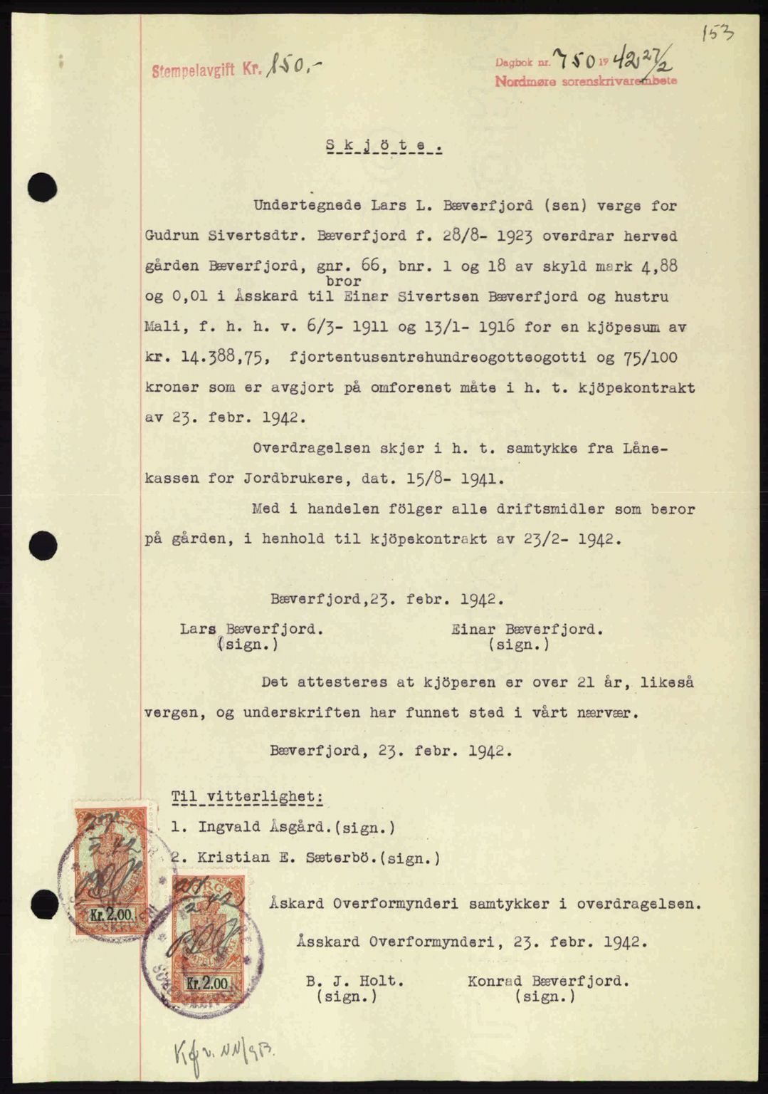 Nordmøre sorenskriveri, SAT/A-4132/1/2/2Ca: Pantebok nr. A92, 1942-1942, Dagboknr: 750/1942