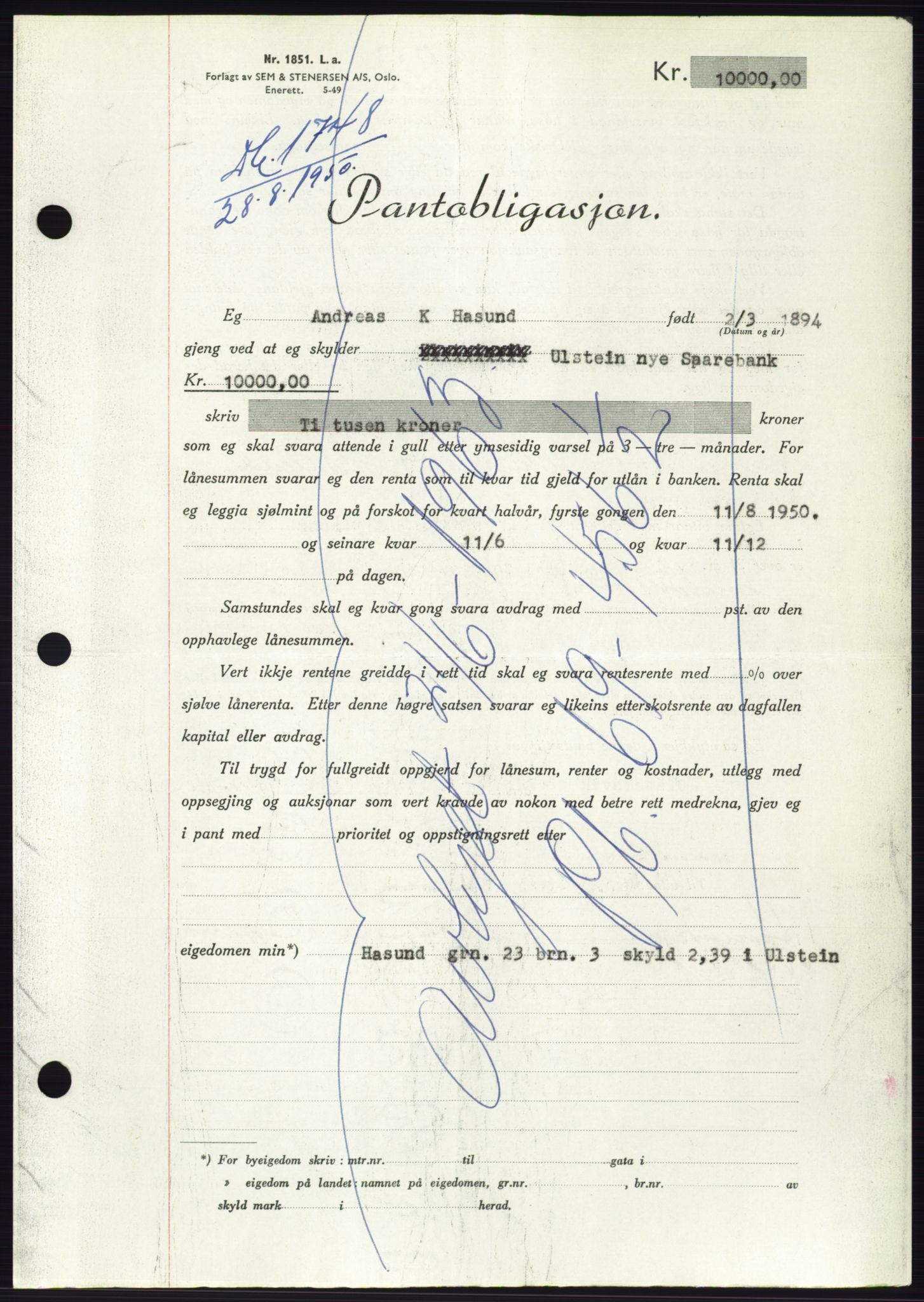 Søre Sunnmøre sorenskriveri, AV/SAT-A-4122/1/2/2C/L0119: Pantebok nr. 7B, 1950-1951, Dagboknr: 1748/1950