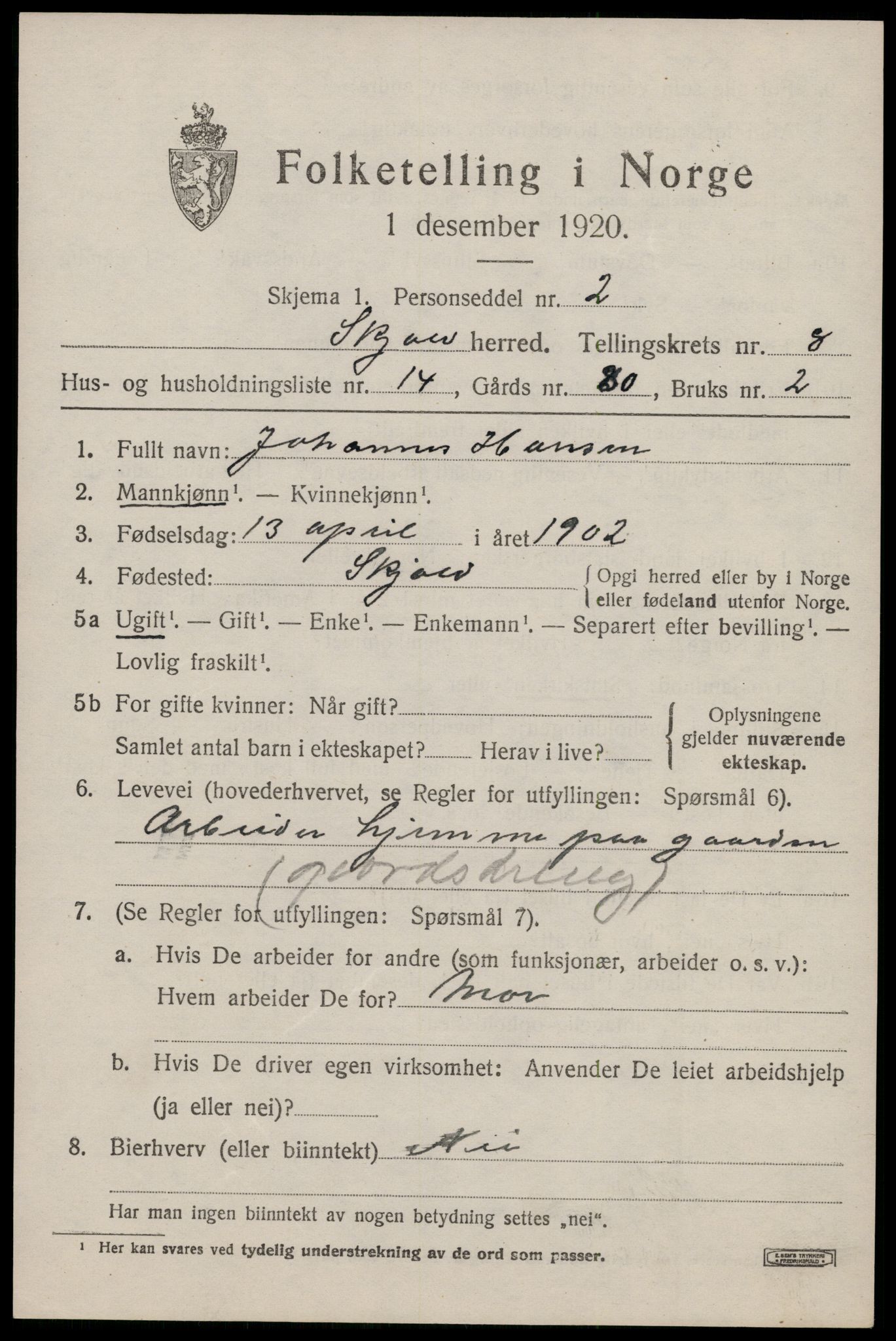 SAST, Folketelling 1920 for 1154 Skjold herred, 1920, s. 4318