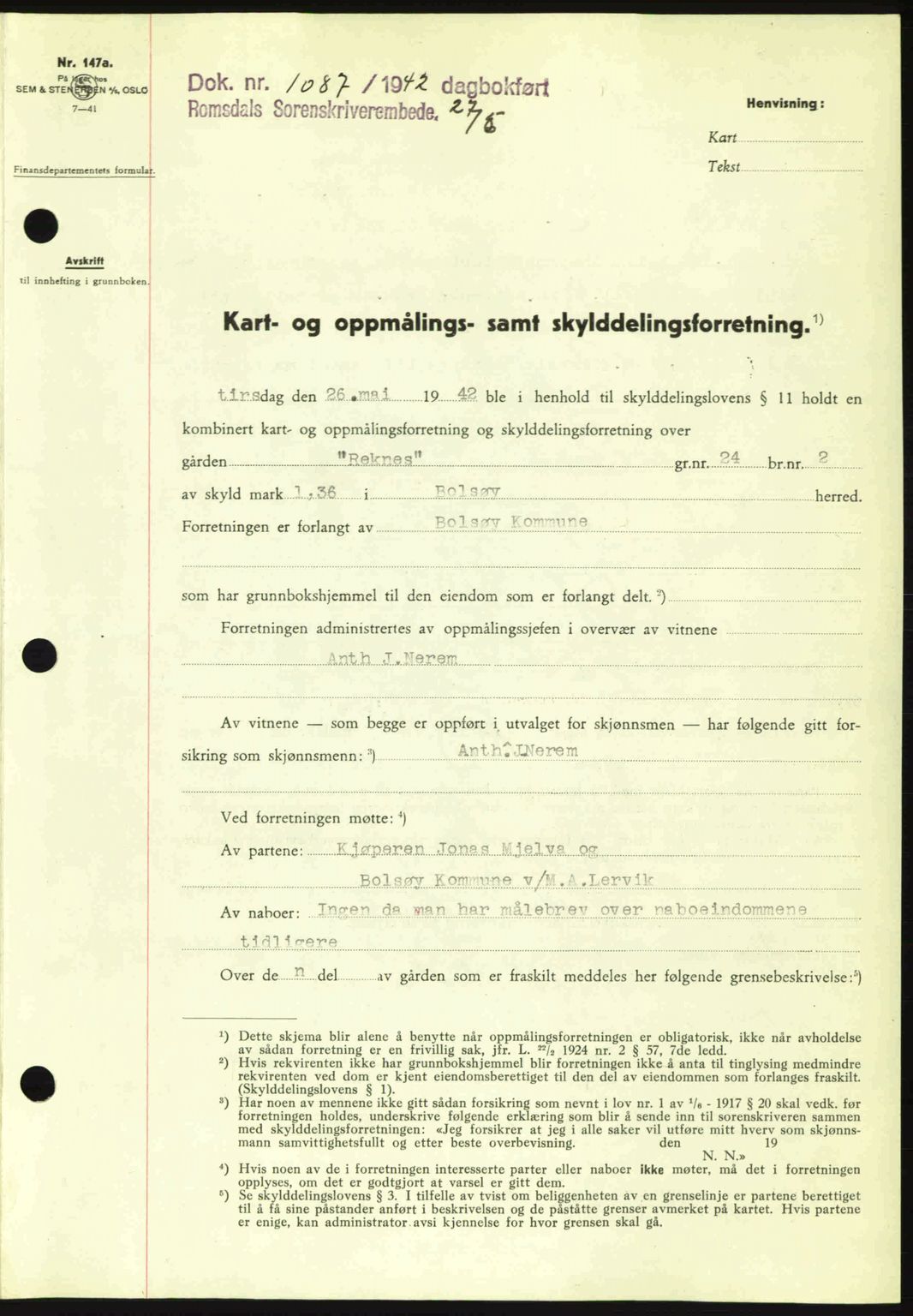 Romsdal sorenskriveri, SAT/A-4149/1/2/2C: Pantebok nr. A12, 1942-1942, Dagboknr: 1087/1942