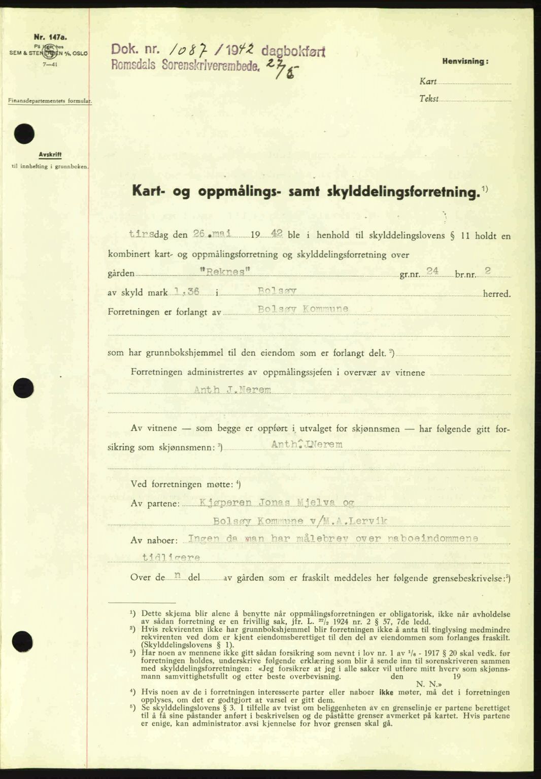 Romsdal sorenskriveri, AV/SAT-A-4149/1/2/2C: Pantebok nr. A12, 1942-1942, Dagboknr: 1087/1942