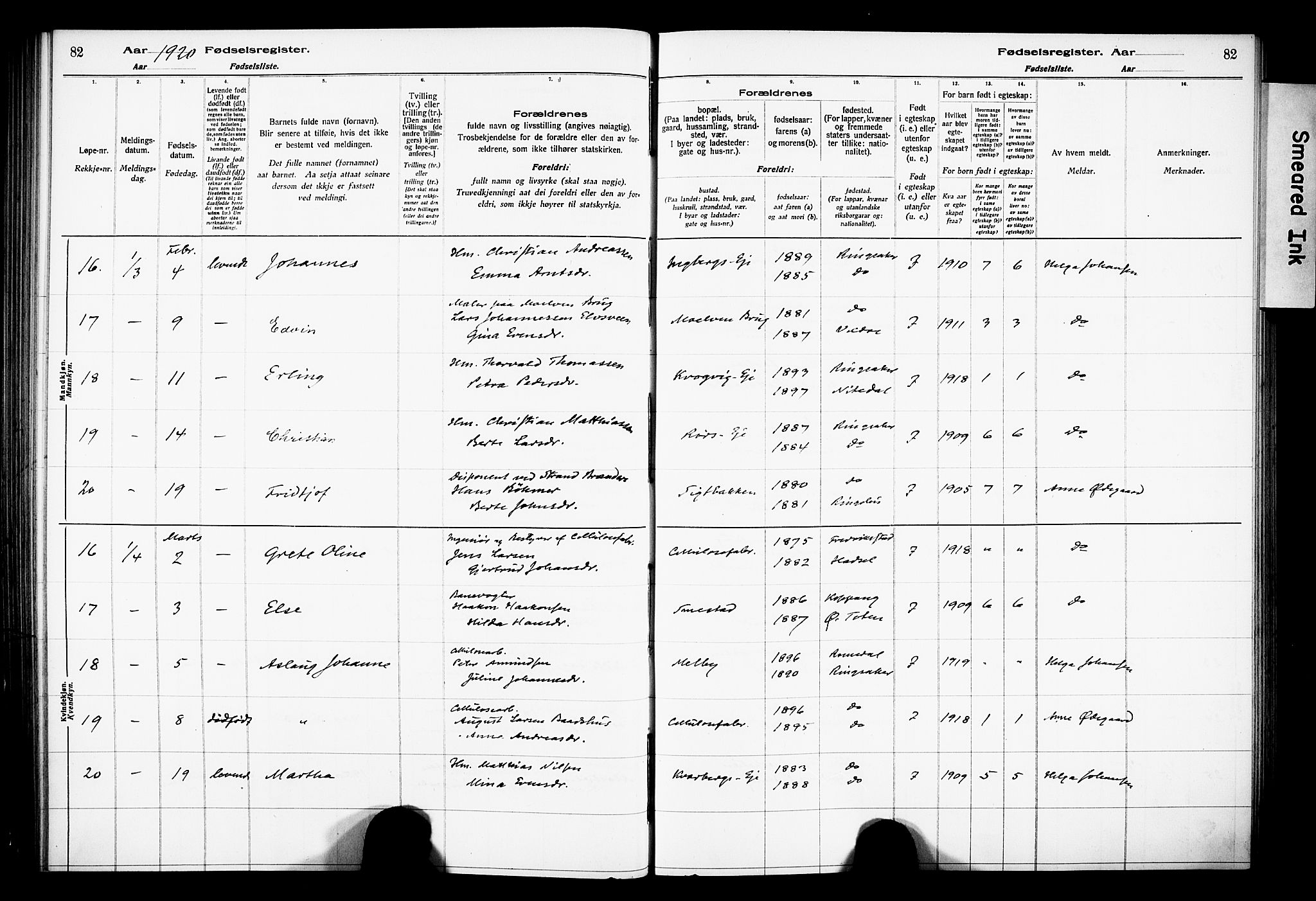 Ringsaker prestekontor, AV/SAH-PREST-014/O/Oa/L0001: Fødselsregister nr. 1, 1916-1925, s. 82