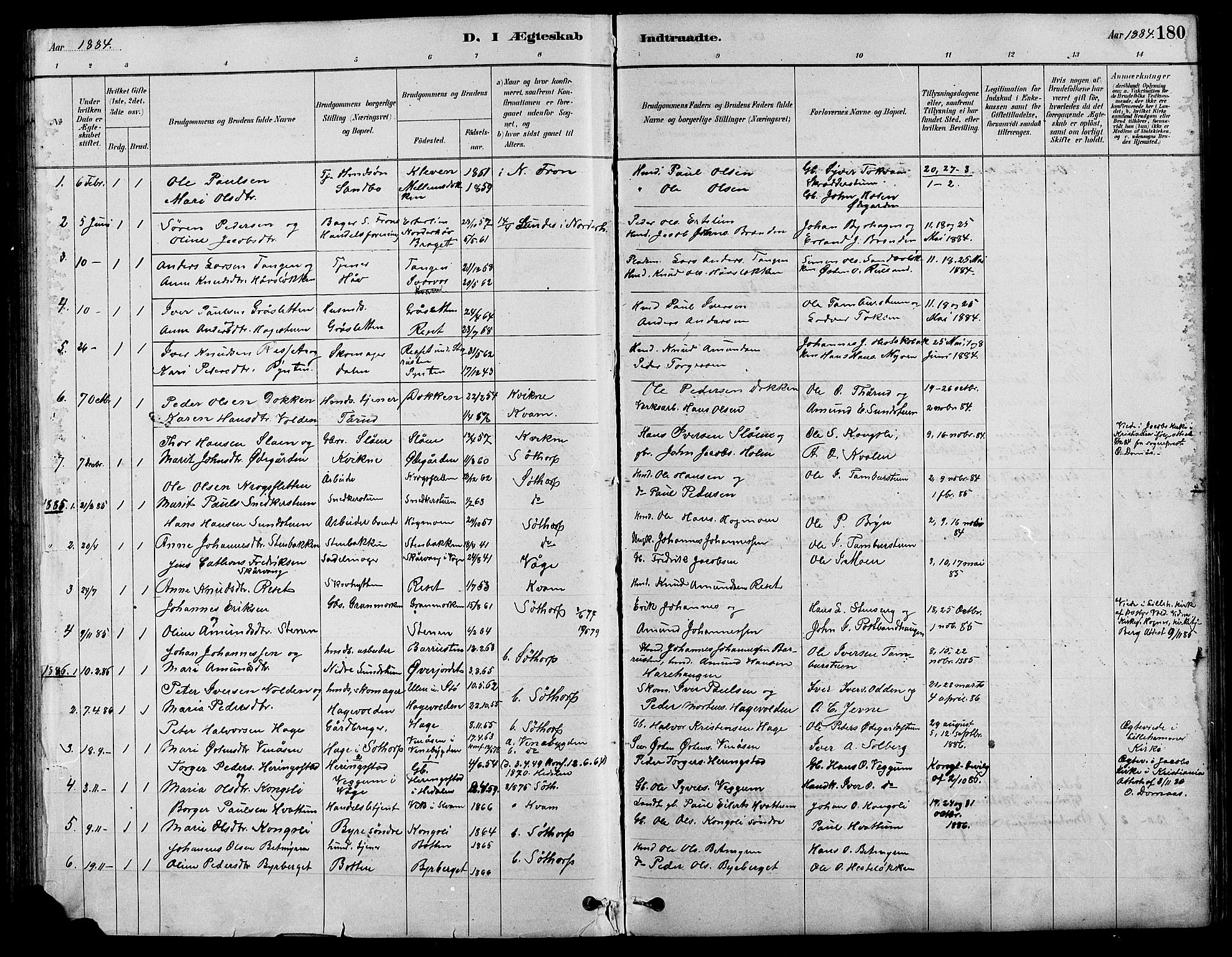 Nord-Fron prestekontor, AV/SAH-PREST-080/H/Ha/Hab/L0004: Klokkerbok nr. 4, 1884-1914, s. 180