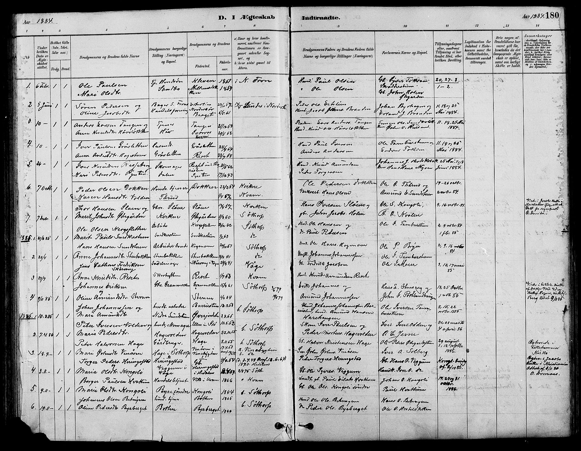 Nord-Fron prestekontor, SAH/PREST-080/H/Ha/Hab/L0004: Klokkerbok nr. 4, 1884-1914, s. 180