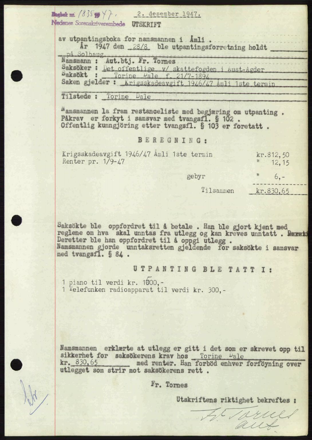 Nedenes sorenskriveri, AV/SAK-1221-0006/G/Gb/Gba/L0058: Pantebok nr. A10, 1947-1948, Dagboknr: 1835/1947