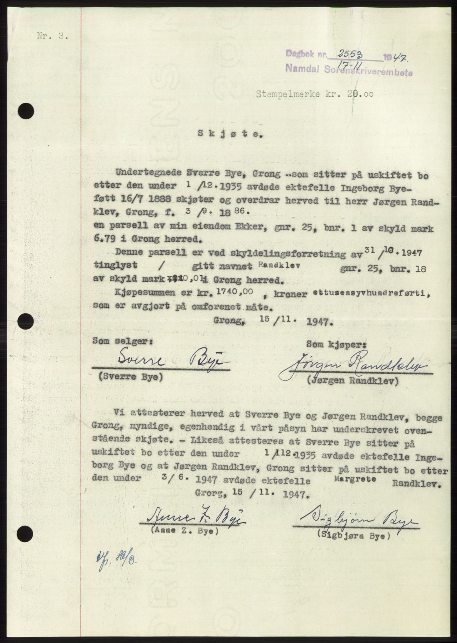 Namdal sorenskriveri, SAT/A-4133/1/2/2C: Pantebok nr. -, 1947-1948, Dagboknr: 2553/1947