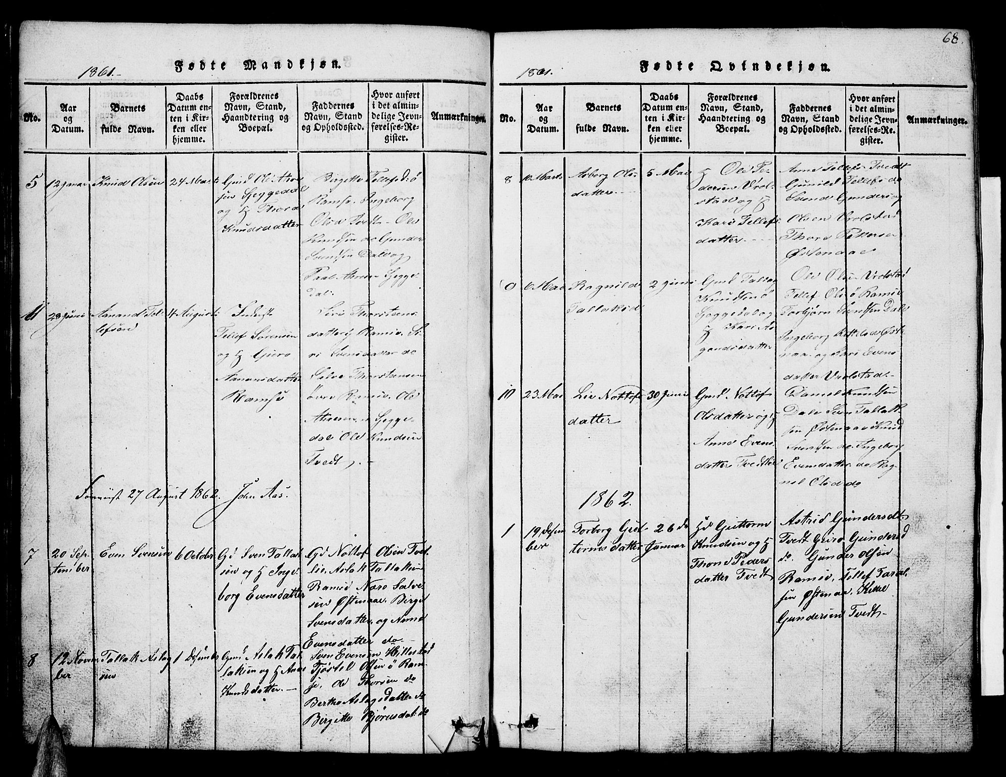 Åmli sokneprestkontor, SAK/1111-0050/F/Fb/Fbb/L0001: Klokkerbok nr. B 1, 1816-1889, s. 68
