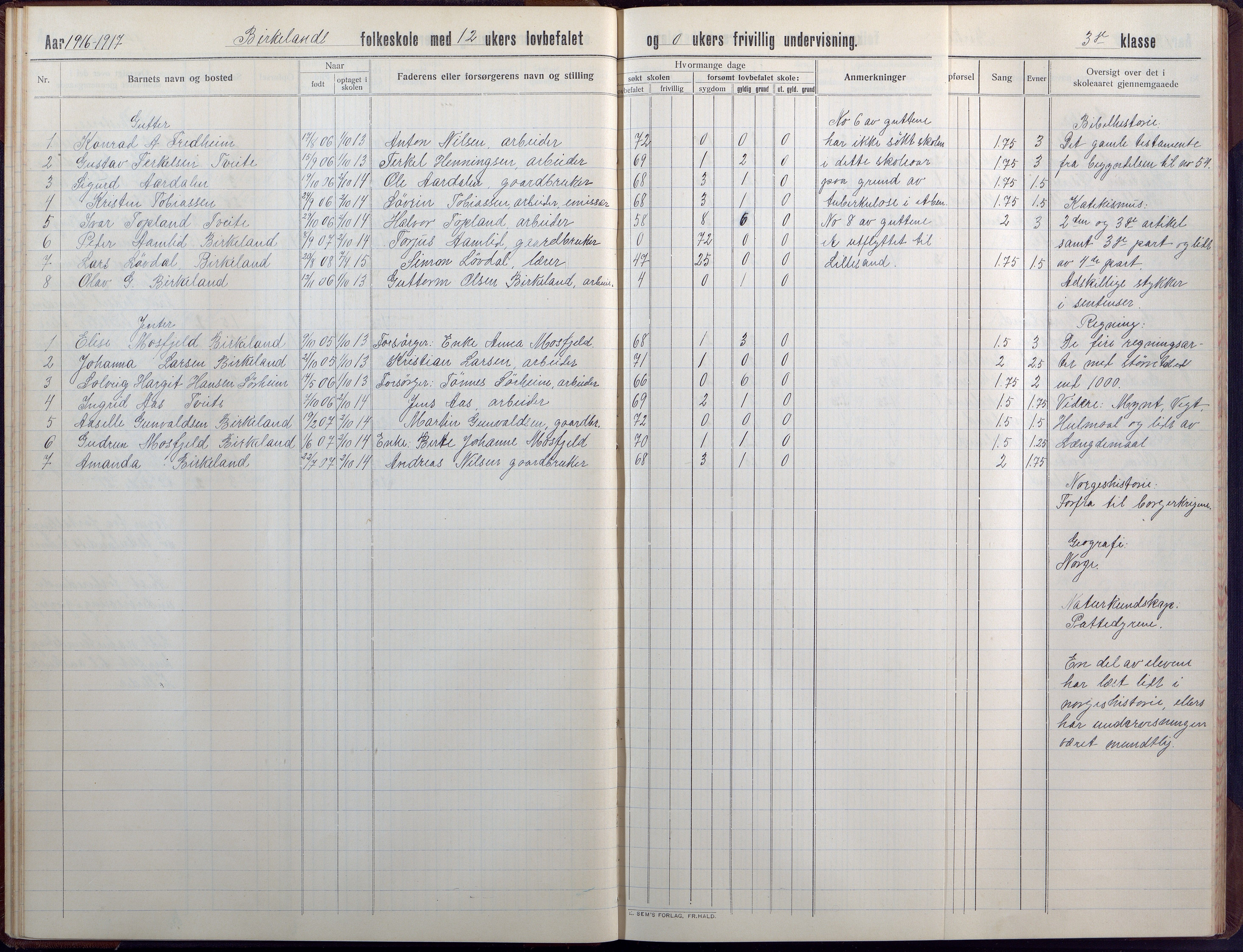 Birkenes kommune, Birkenes krets/Birkeland folkeskole frem til 1991, AAKS/KA0928-550a_91/F02/L0008: Skoleprotokoll, 1911-1930