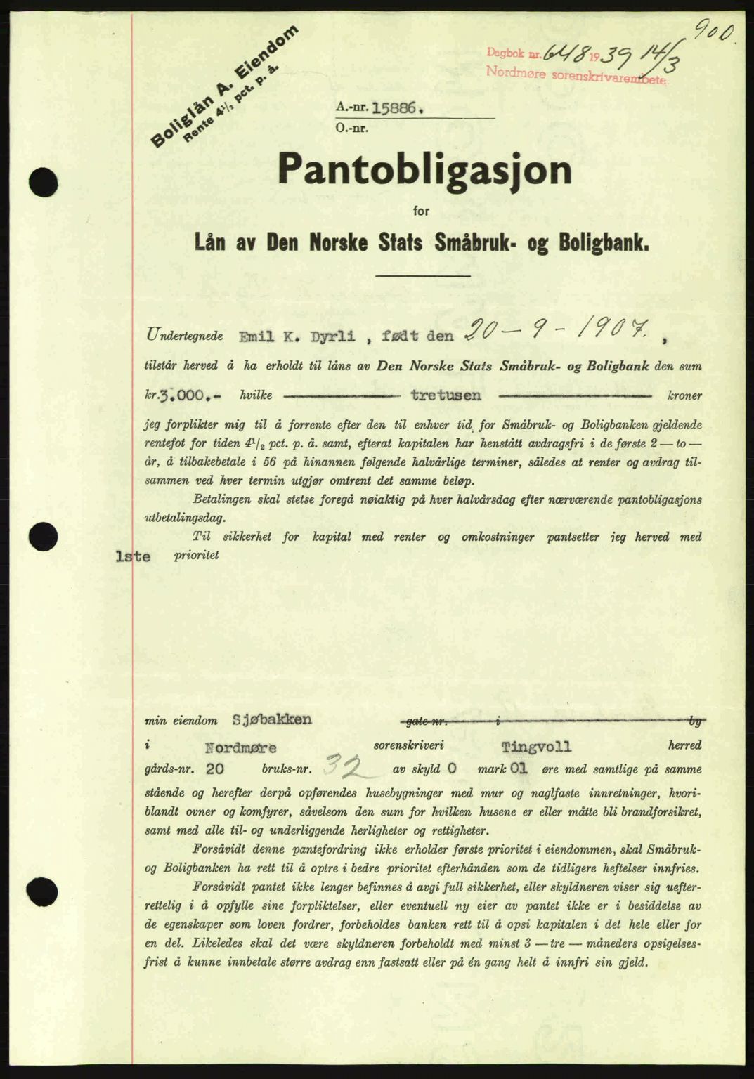 Nordmøre sorenskriveri, SAT/A-4132/1/2/2Ca: Pantebok nr. B84, 1938-1939, Dagboknr: 648/1939