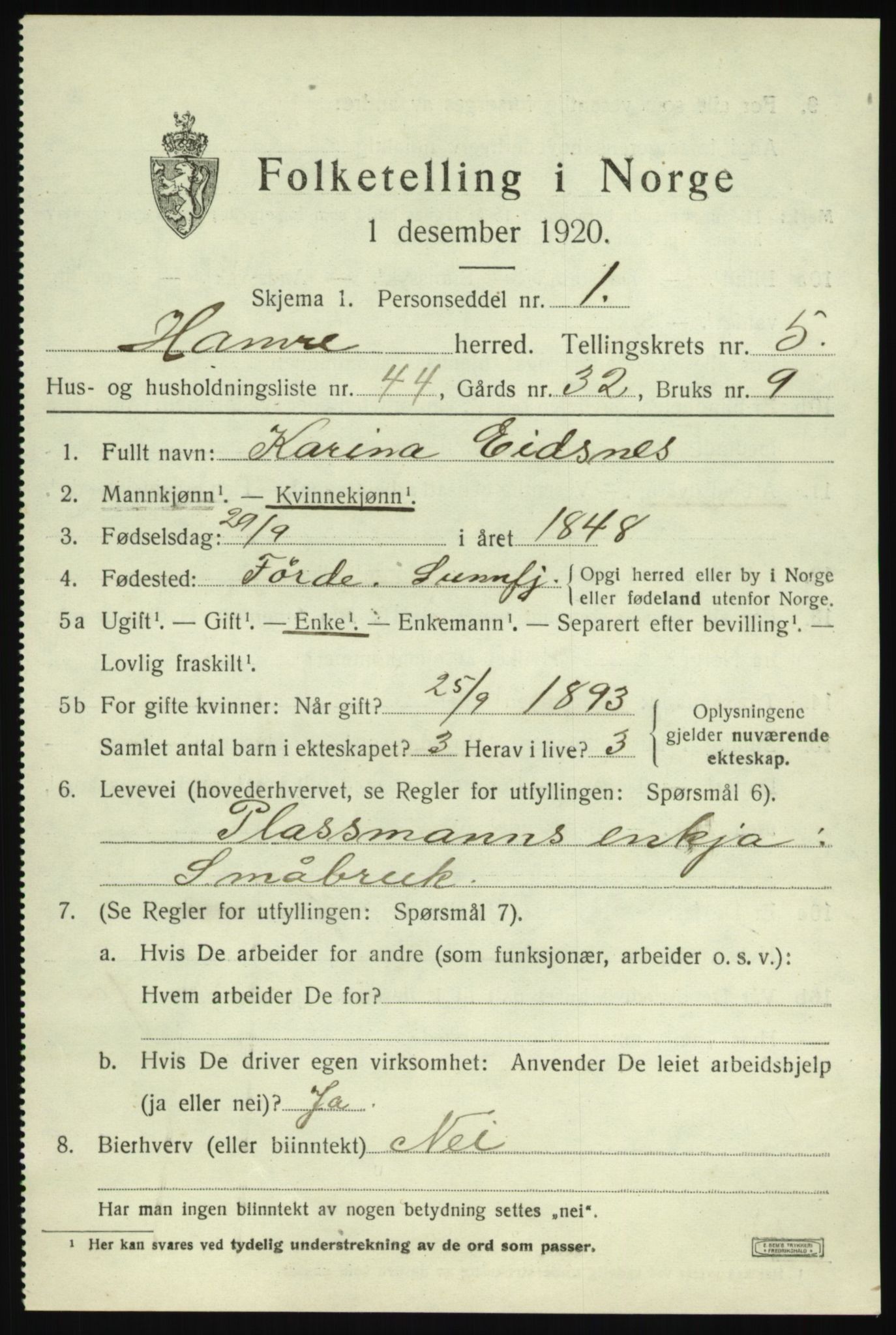 SAB, Folketelling 1920 for 1254 Hamre herred, 1920, s. 3427