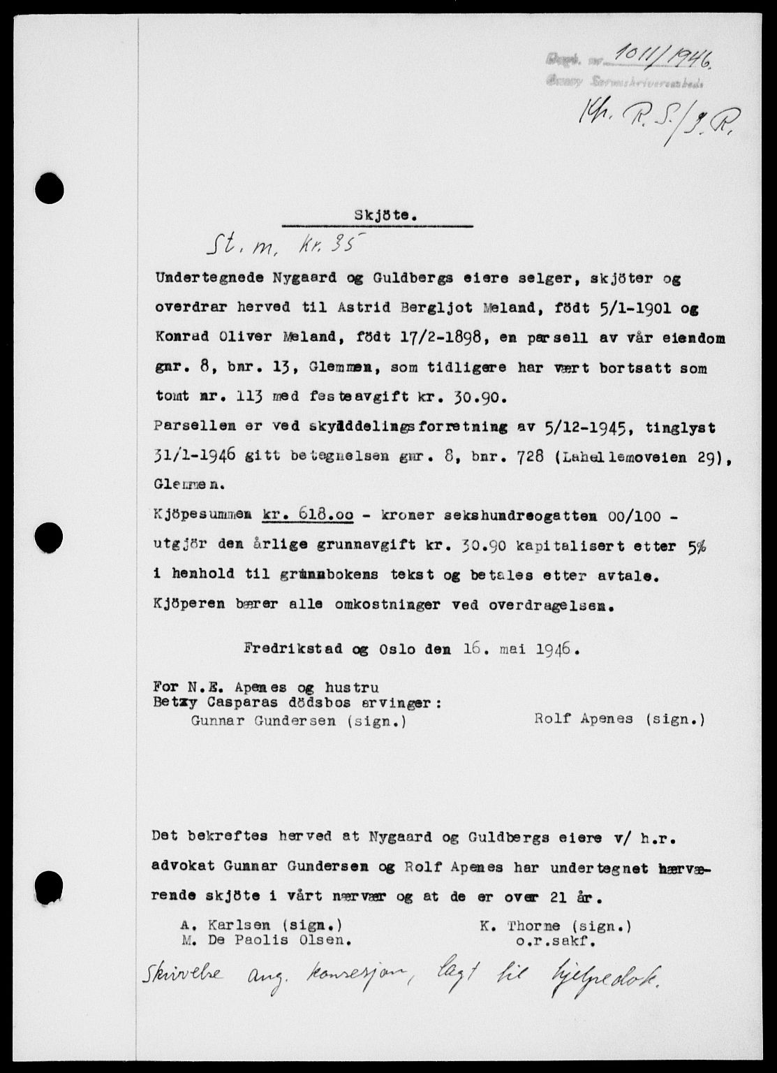 Onsøy sorenskriveri, SAO/A-10474/G/Ga/Gab/L0016: Pantebok nr. II A-16, 1946-1946, Dagboknr: 1011/1946