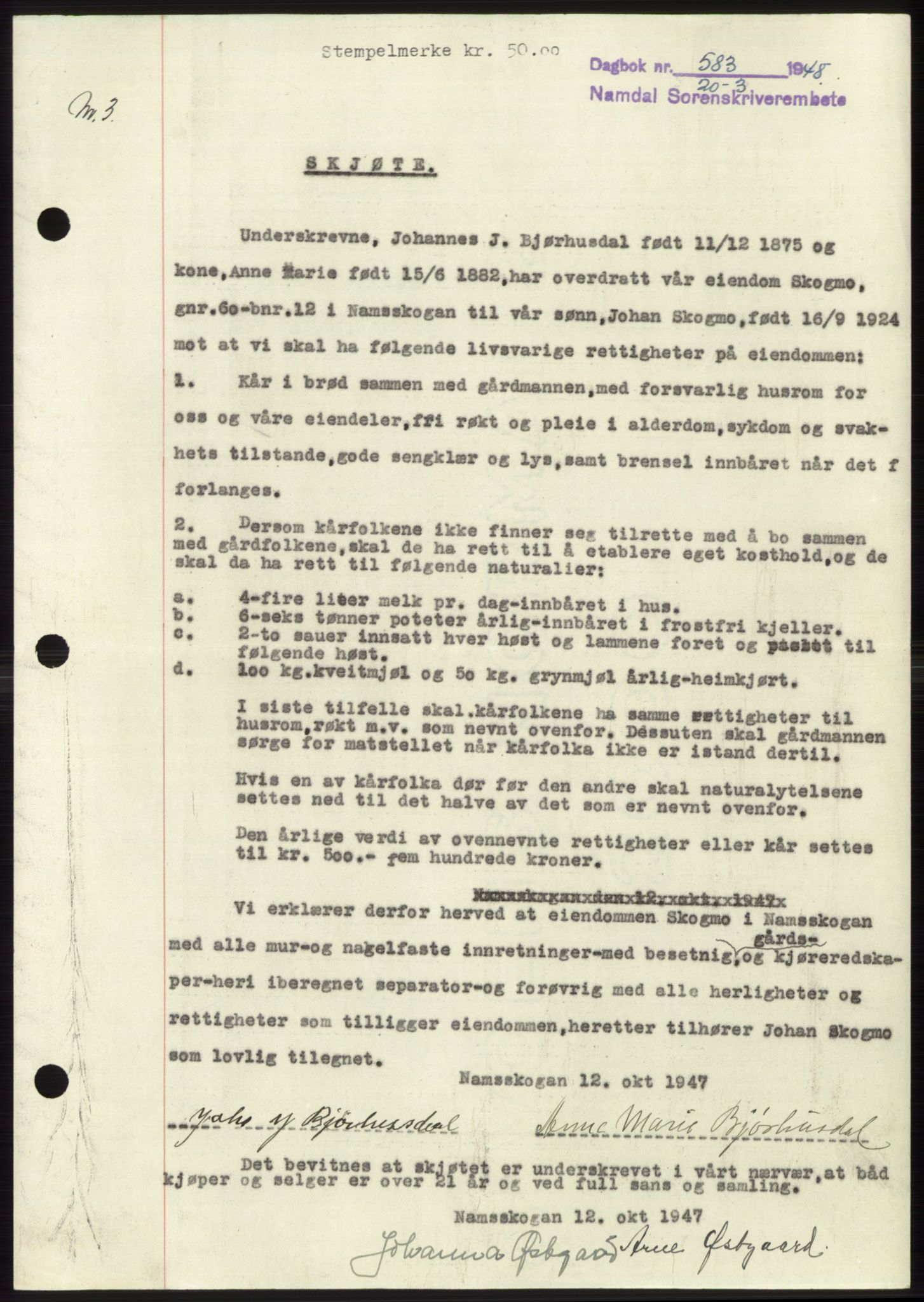 Namdal sorenskriveri, SAT/A-4133/1/2/2C: Pantebok nr. -, 1947-1948, Dagboknr: 583/1948