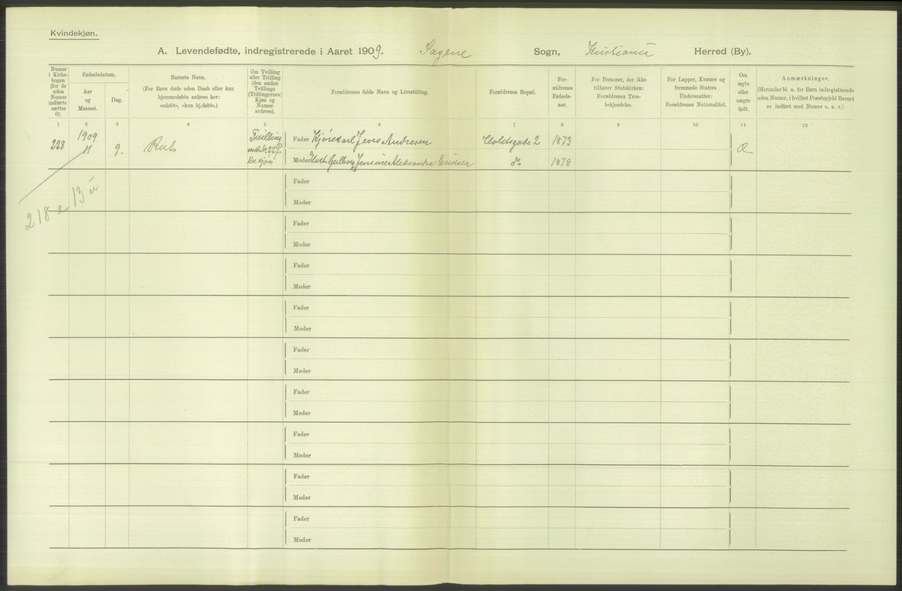 Statistisk sentralbyrå, Sosiodemografiske emner, Befolkning, AV/RA-S-2228/D/Df/Dfa/Dfag/L0007: Kristiania: Levendefødte menn og kvinner., 1909, s. 646