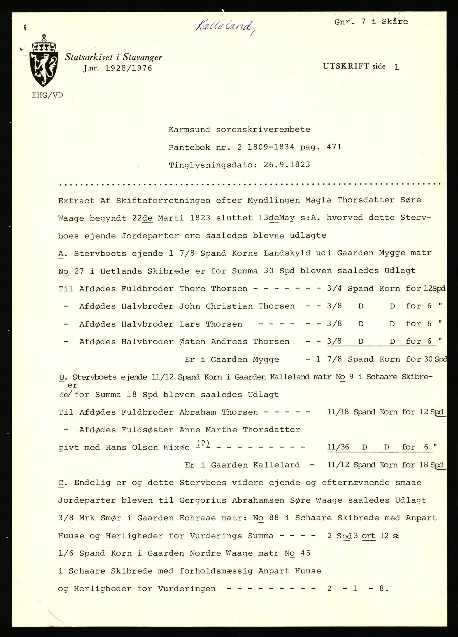 Statsarkivet i Stavanger, AV/SAST-A-101971/03/Y/Yj/L0046: Avskrifter sortert etter gårdsnavn: Kalleim - Kirke-Sole, 1750-1930, s. 28