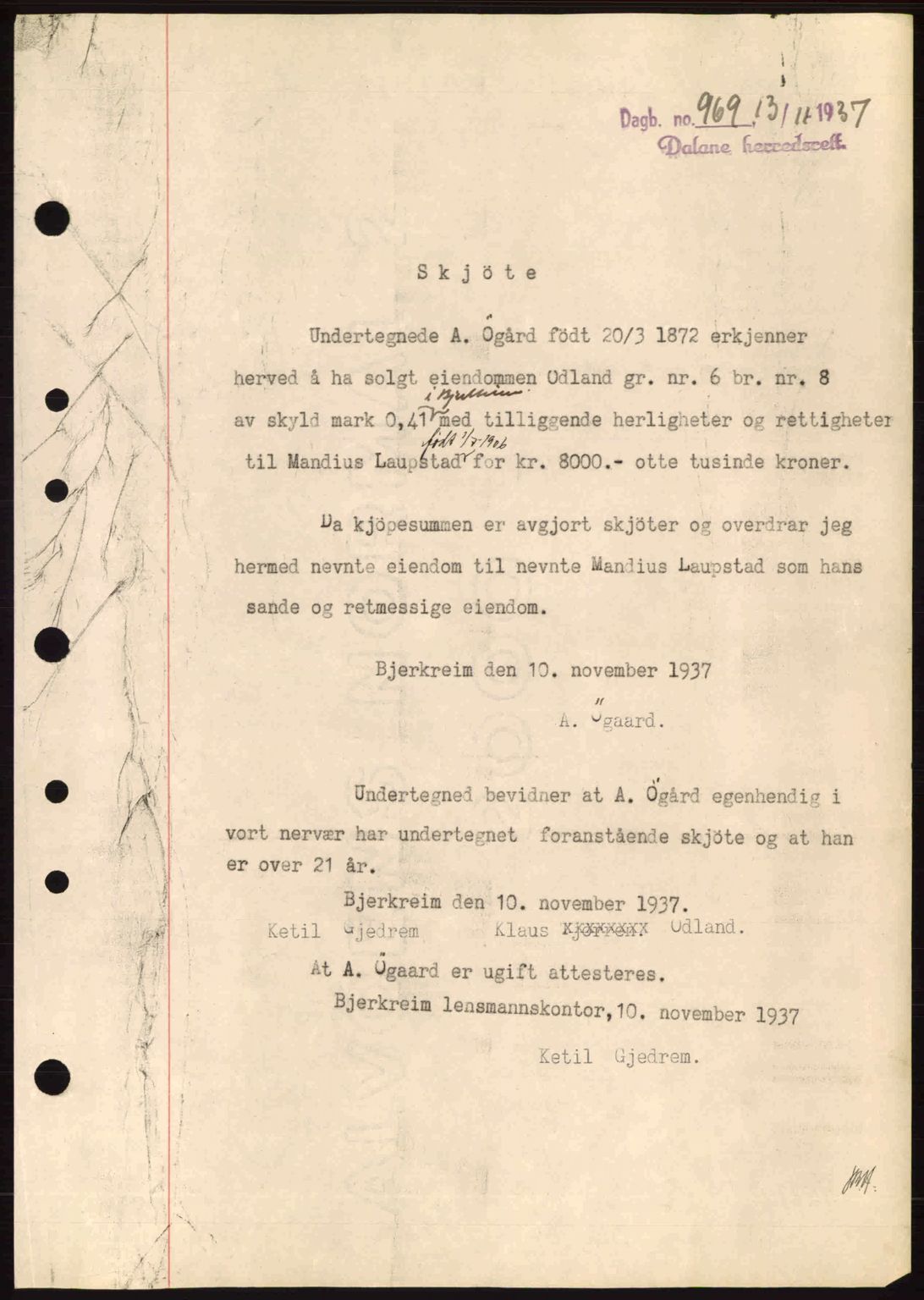 Dalane sorenskriveri, SAST/A-100309/02/G/Gb/L0041: Pantebok nr. A2, 1936-1937, Dagboknr: 969/1937