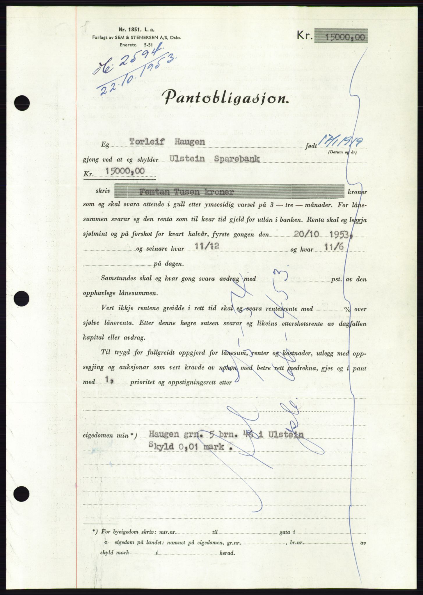 Søre Sunnmøre sorenskriveri, AV/SAT-A-4122/1/2/2C/L0124: Pantebok nr. 12B, 1953-1954, Dagboknr: 2594/1953