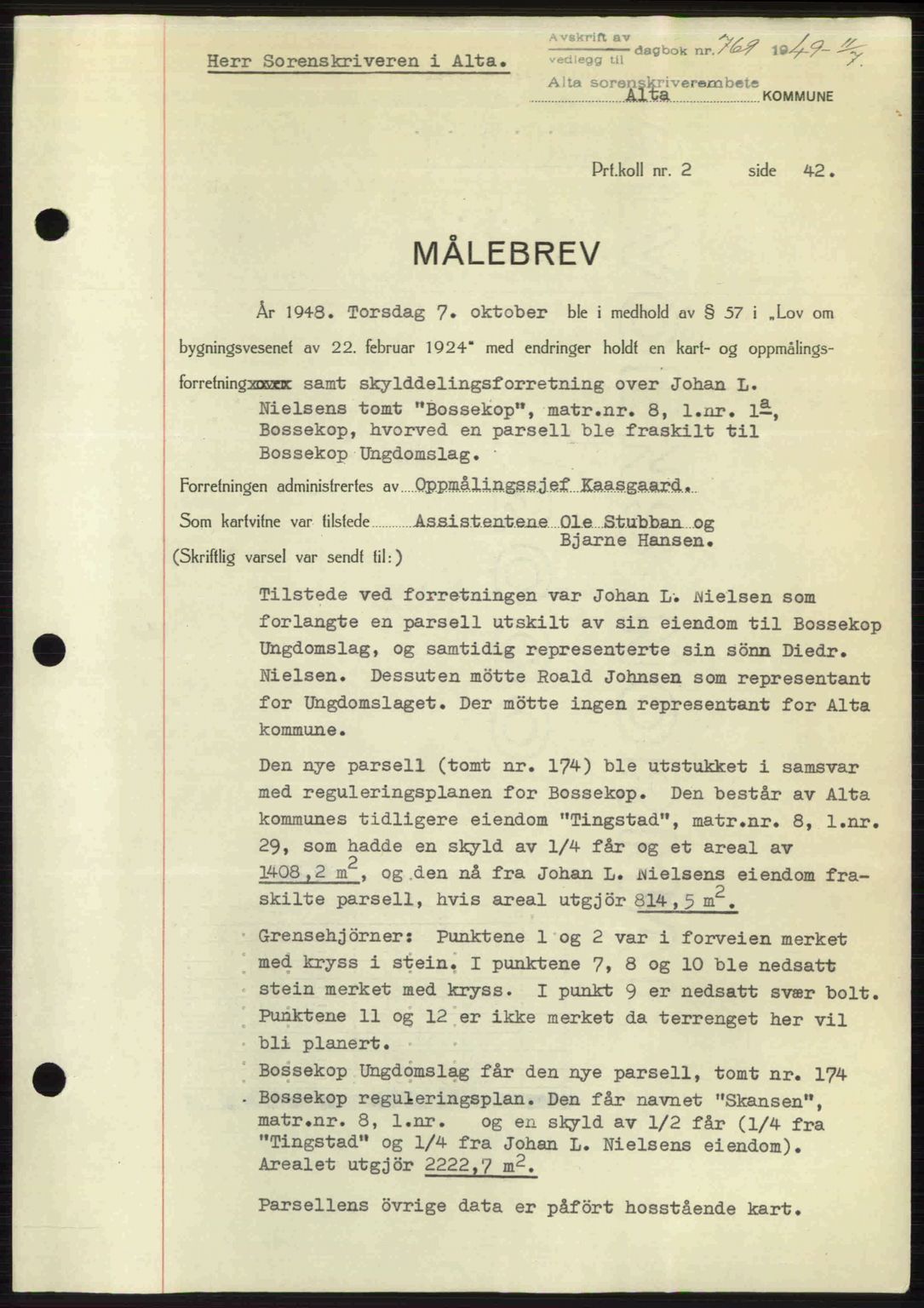 Alta fogderi/sorenskriveri, SATØ/SATØ-5/1/K/Kd/L0037pantebok: Pantebok nr. 39-40, 1948-1949, Dagboknr: 769/1949