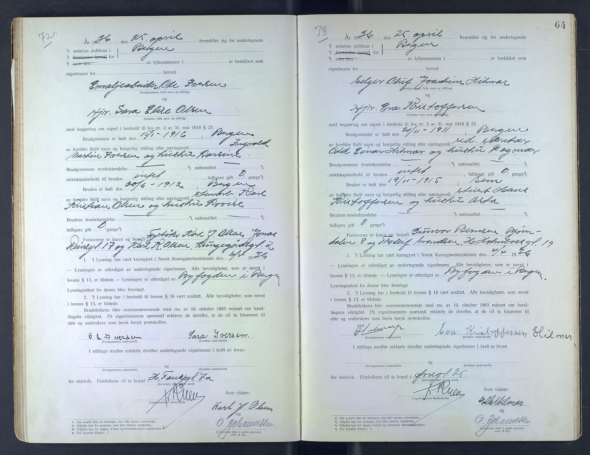 Byfogd og Byskriver i Bergen, AV/SAB-A-3401/10/10F/L0010: Vielsesprotokoller, 1935-1936, s. 63b-64a