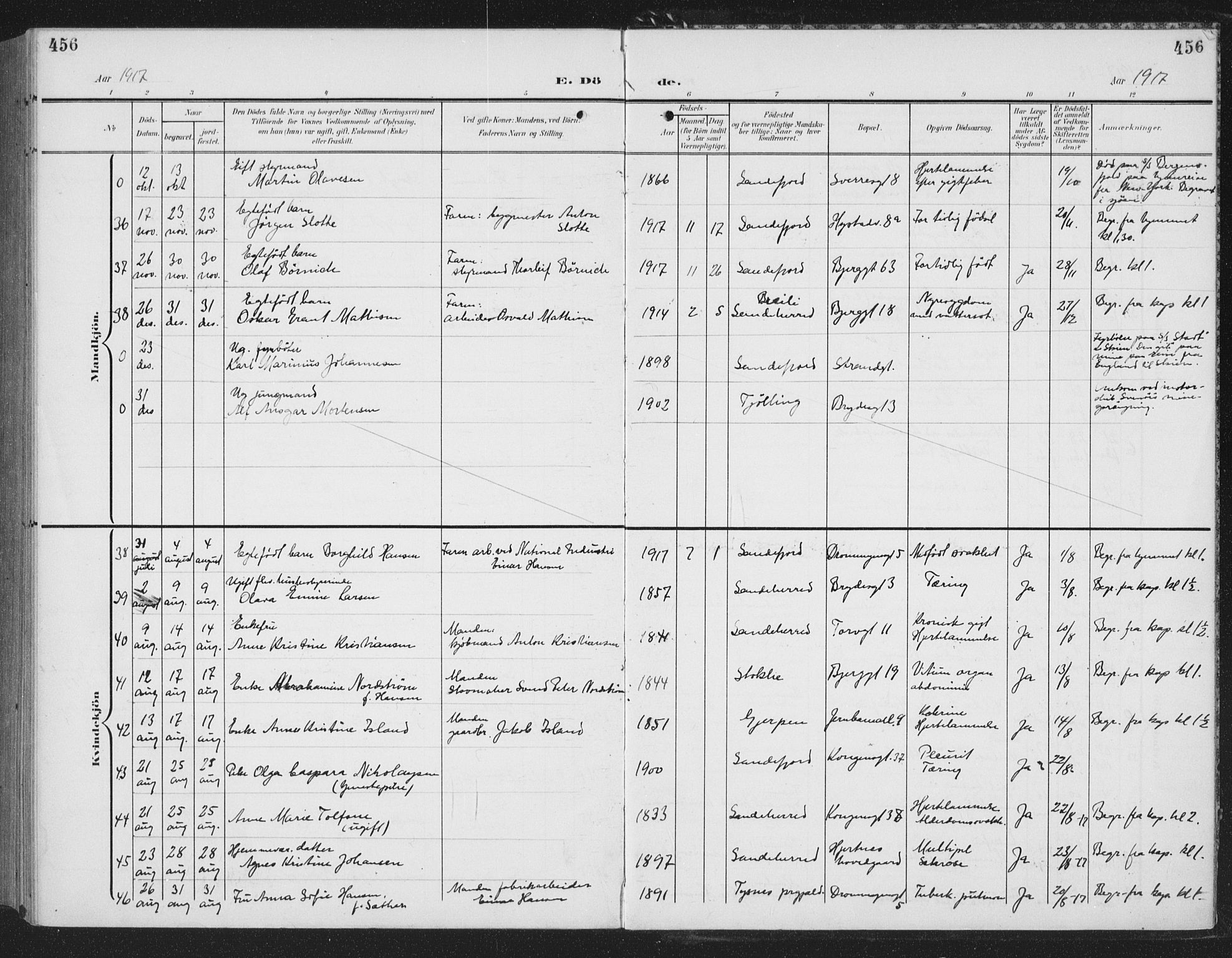 Sandefjord kirkebøker, AV/SAKO-A-315/G/Ga/L0003: Klokkerbok nr. 3, 1903-1920, s. 456