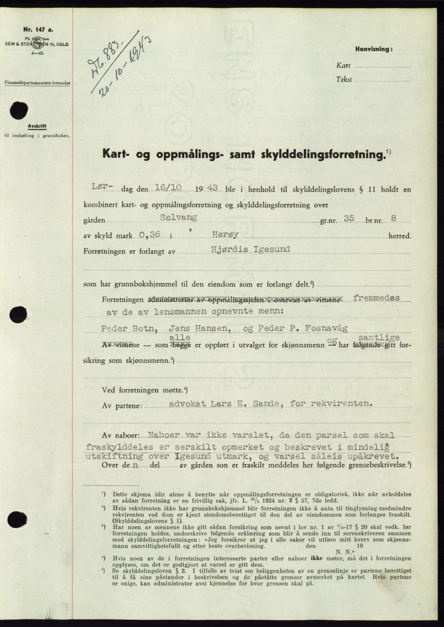 Søre Sunnmøre sorenskriveri, AV/SAT-A-4122/1/2/2C/L0075: Pantebok nr. 1A, 1943-1943, Dagboknr: 883/1943