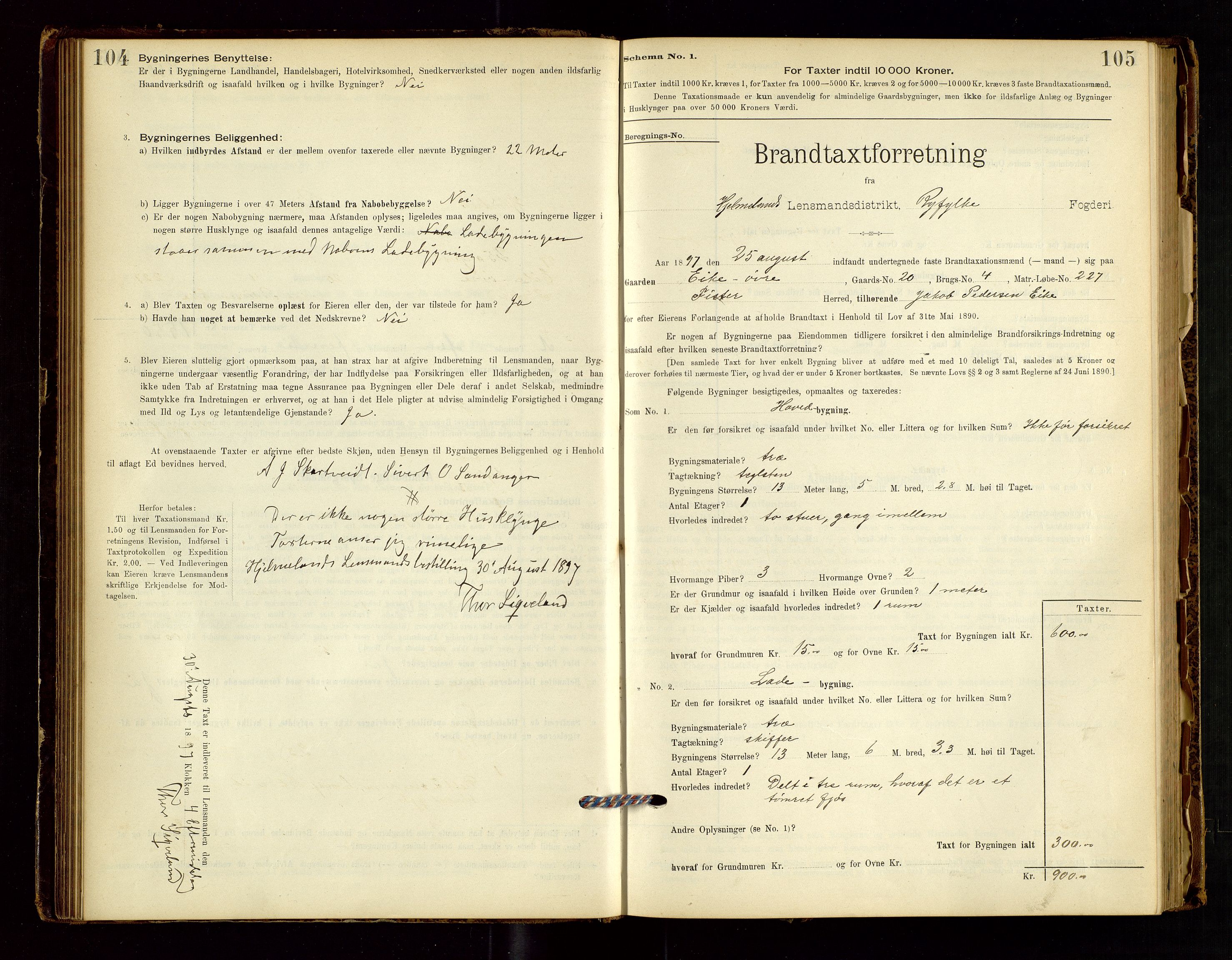 Hjelmeland lensmannskontor, AV/SAST-A-100439/Gob/L0001: "Brandtaxationsprotokol", 1895-1932, s. 104-105