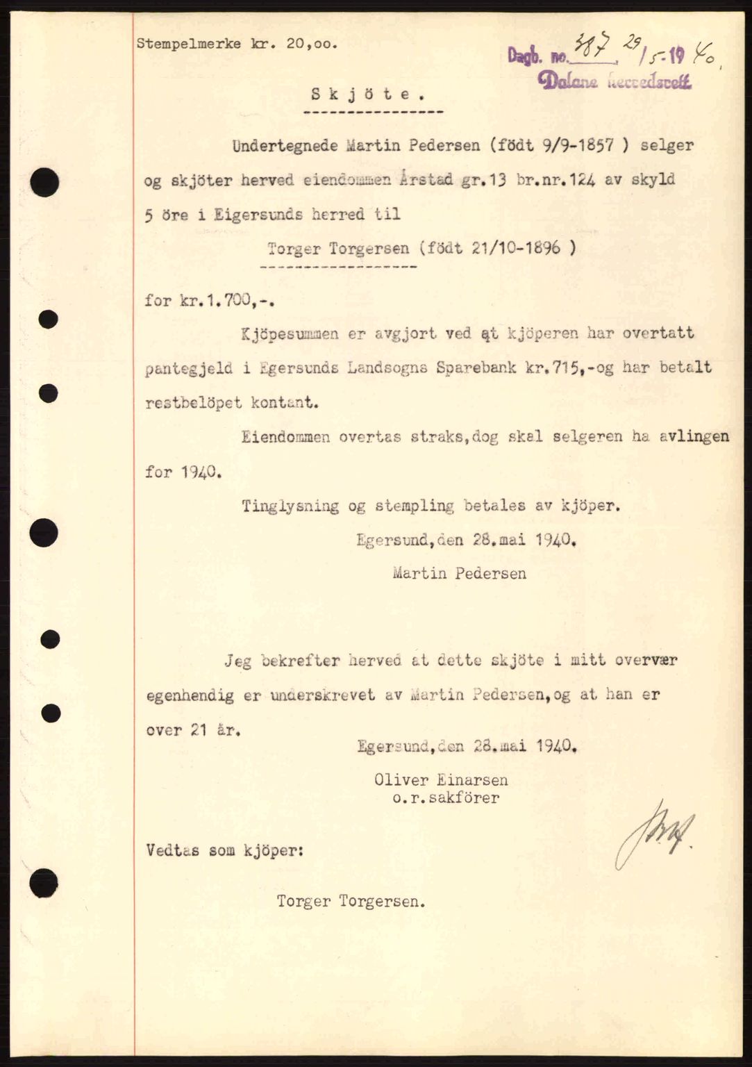 Dalane sorenskriveri, SAST/A-100309/02/G/Gb/L0044: Pantebok nr. A5, 1940-1941, Dagboknr: 387/1940