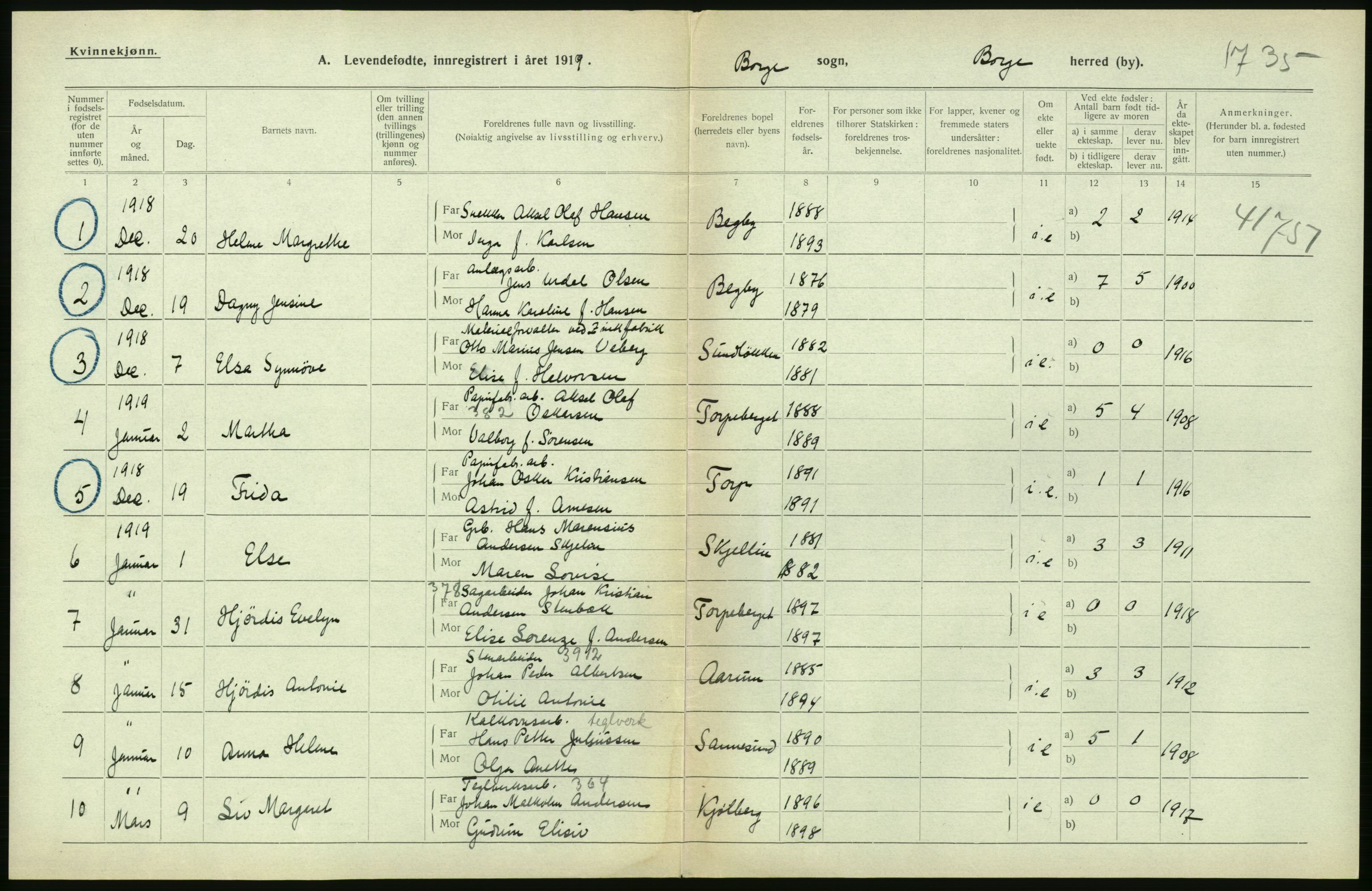 Statistisk sentralbyrå, Sosiodemografiske emner, Befolkning, RA/S-2228/D/Df/Dfb/Dfbi/L0001: Østfold fylke: Levendefødte menn og kvinner. Bygder., 1919, s. 110