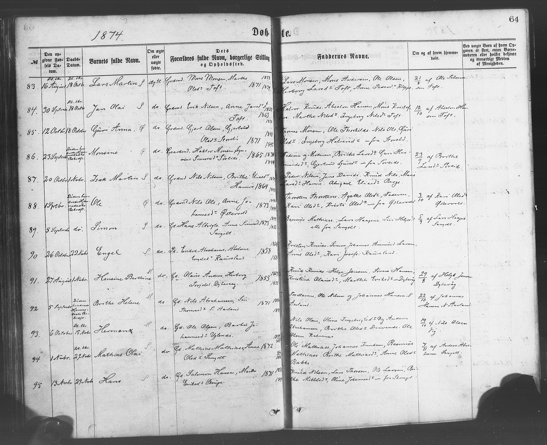 Sund sokneprestembete, AV/SAB-A-99930: Ministerialbok nr. A 15, 1867-1881, s. 64