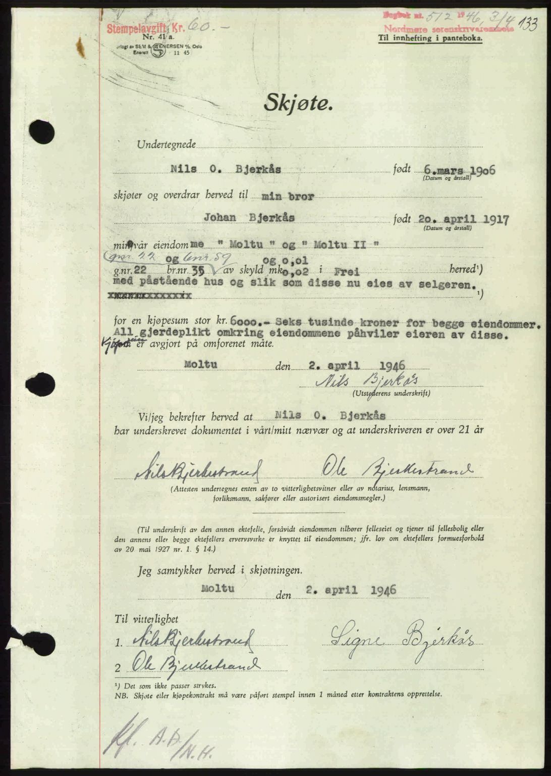 Nordmøre sorenskriveri, AV/SAT-A-4132/1/2/2Ca: Pantebok nr. A101, 1946-1946, Dagboknr: 512/1946