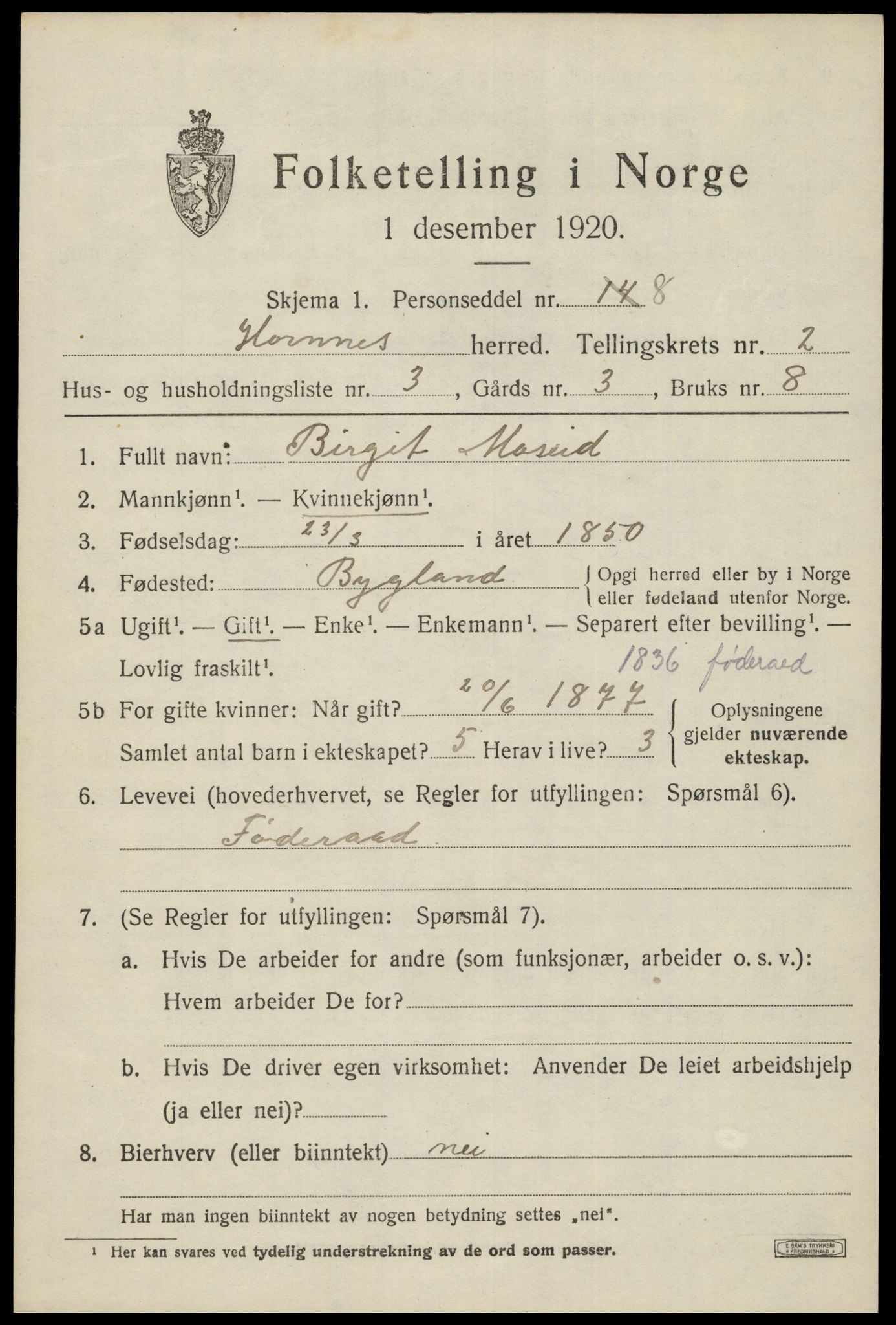 SAK, Folketelling 1920 for 0936 Hornnes herred, 1920, s. 727