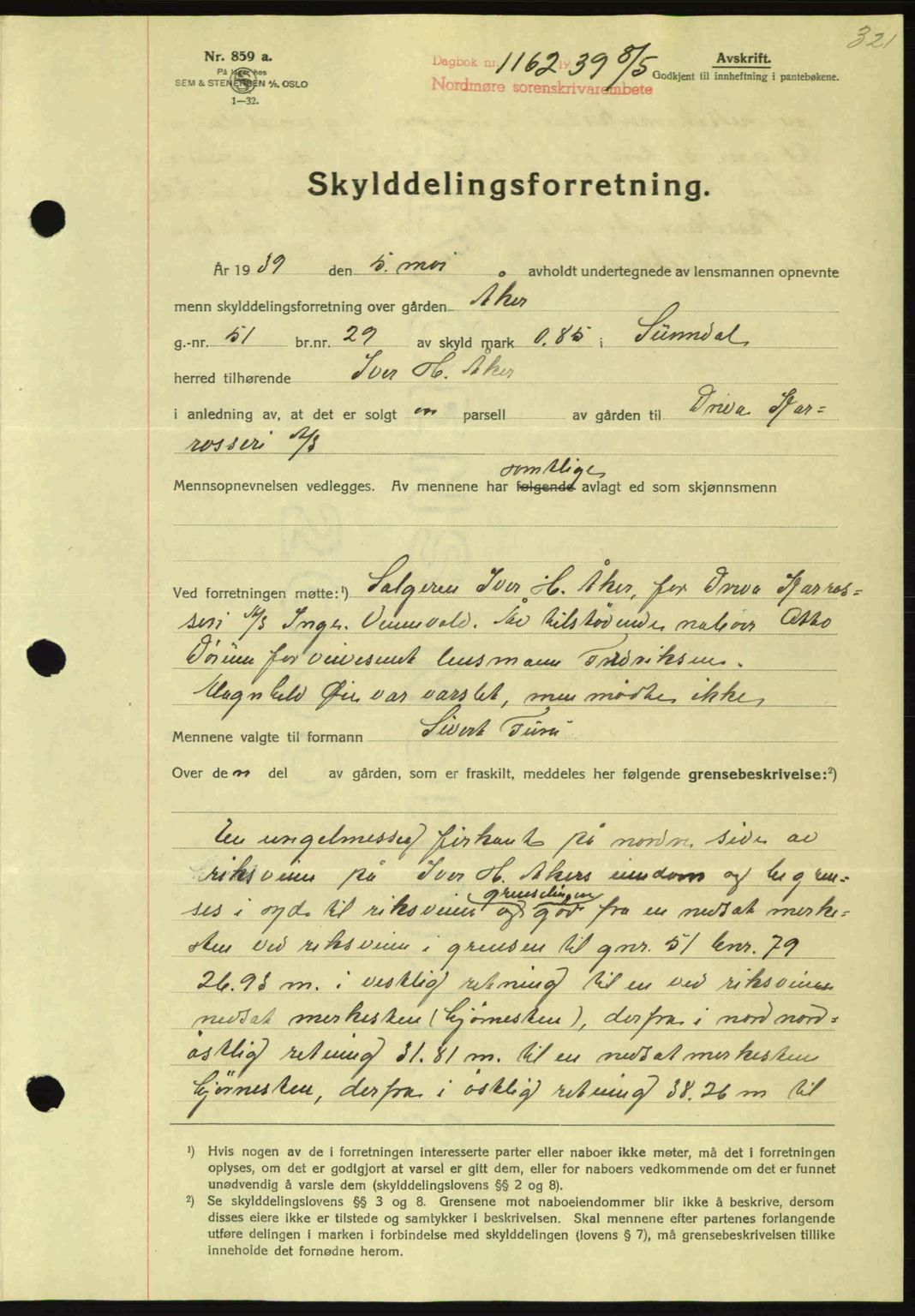 Nordmøre sorenskriveri, SAT/A-4132/1/2/2Ca: Pantebok nr. A86, 1939-1939, Dagboknr: 1162/1939