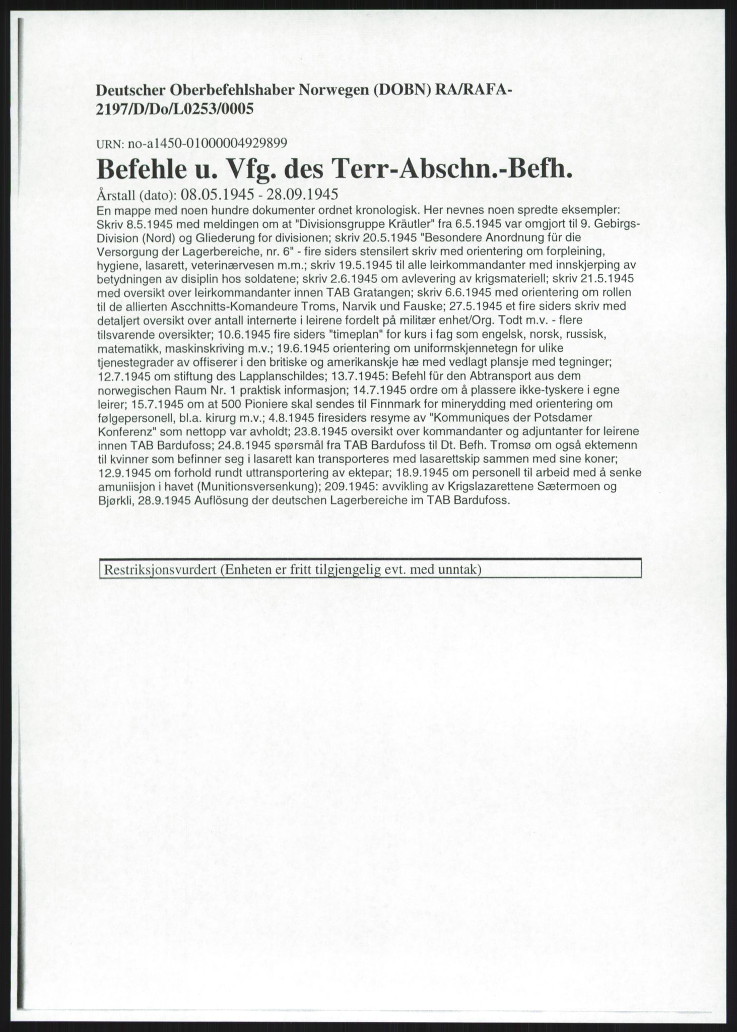 Deutscher Oberbefehlshaber Norwegen (DOBN), AV/RA-RAFA-2197/D/Do/L0253/0005: TAB Gratangen/Bardufoss / Befehle u. Vfg. des Terr-Abschn.-Befh., 1945